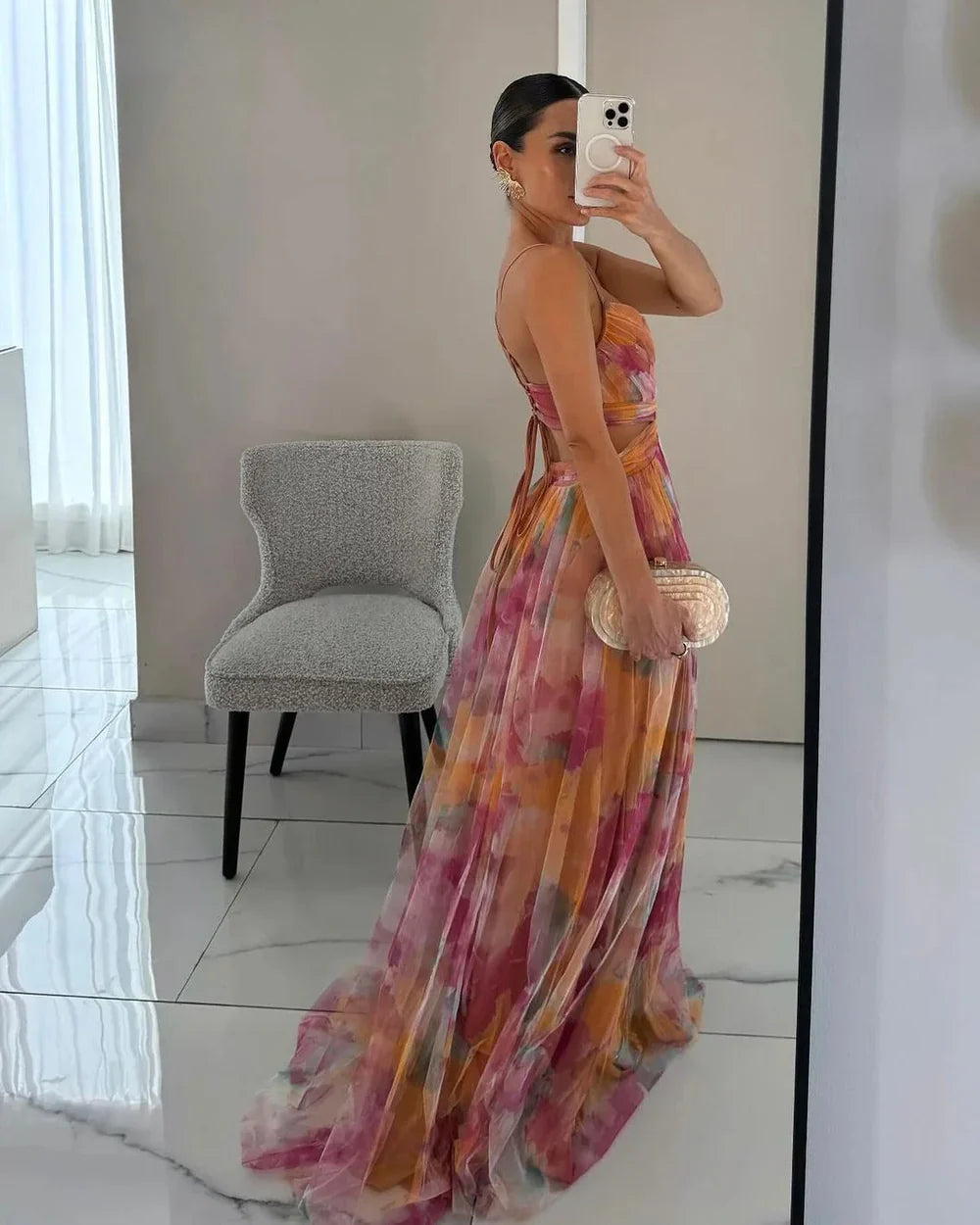 Floral Tulle Maxi Dress Sleeveless Flowy Wedding Guest Formal Dress