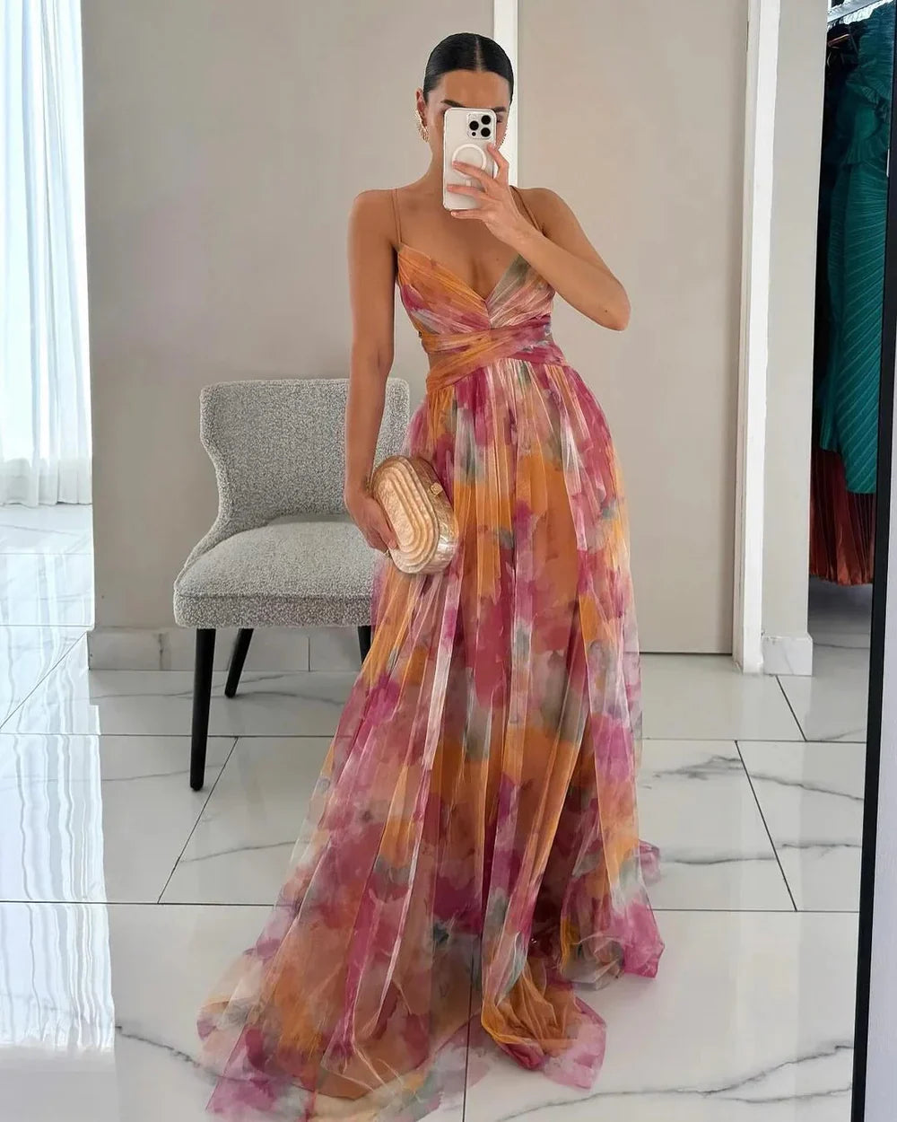 Floral Tulle Maxi Dress Sleeveless Flowy Wedding Guest Formal Dress