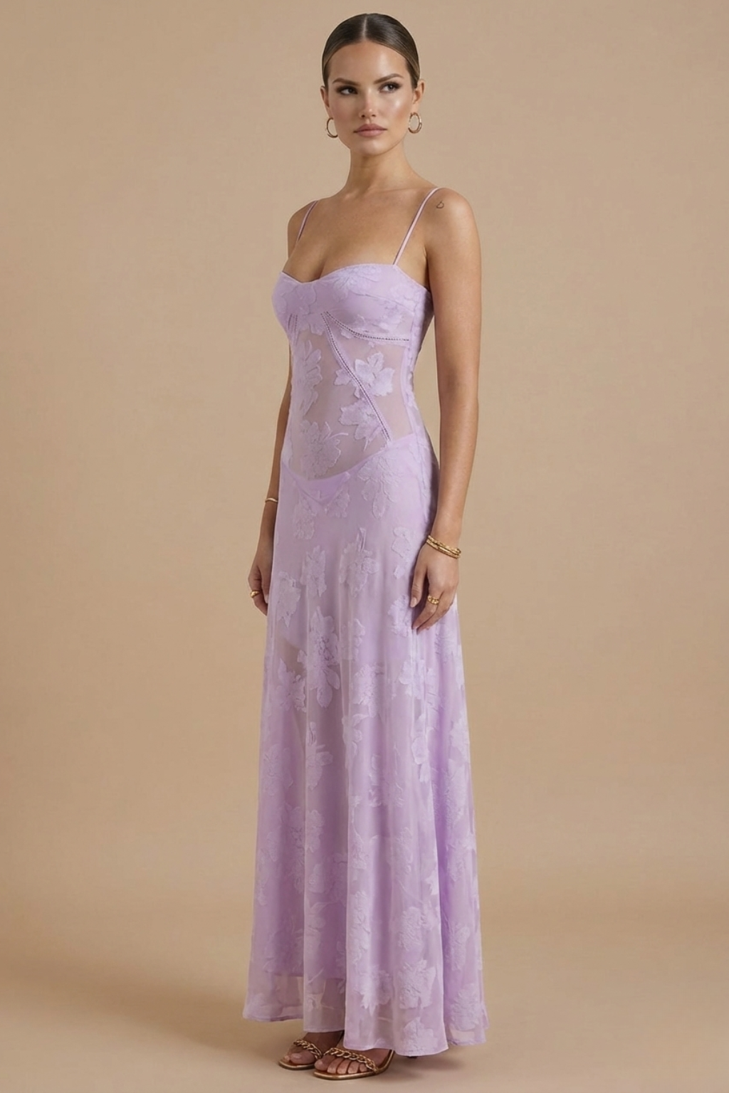 Floral Lace Overlay Maxi Dress Spaghetti Strap Sweetheart Neck Wedding Guest Gown