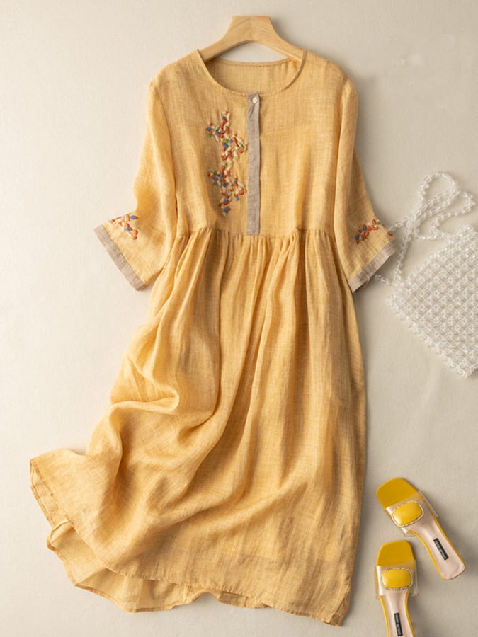 Women's embroidered dress | cotton and linen blend with loose fit