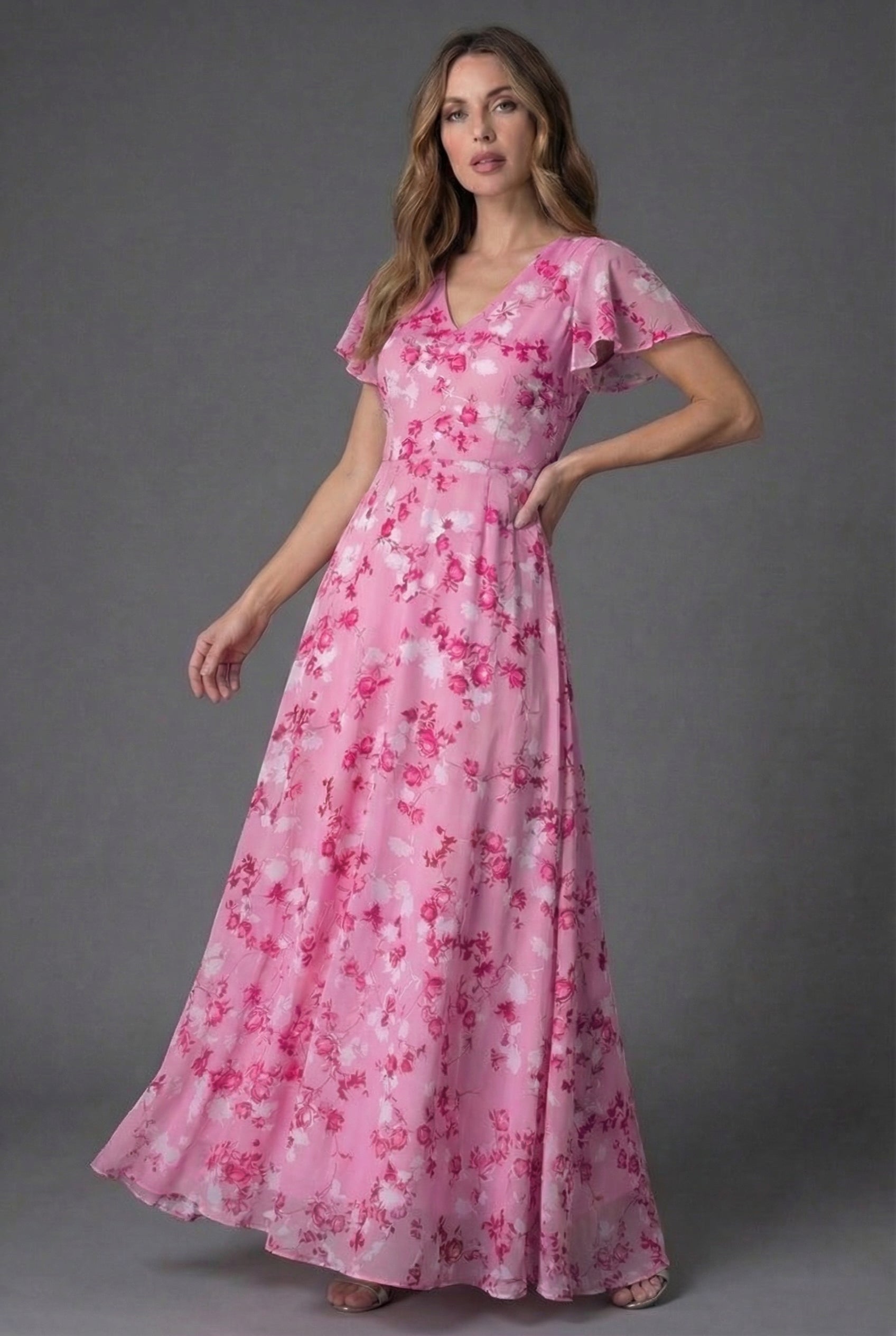 Flutter Sleeve Floral Maxi Dress with V-Neckline and Flowing Chiffon Style Skirt