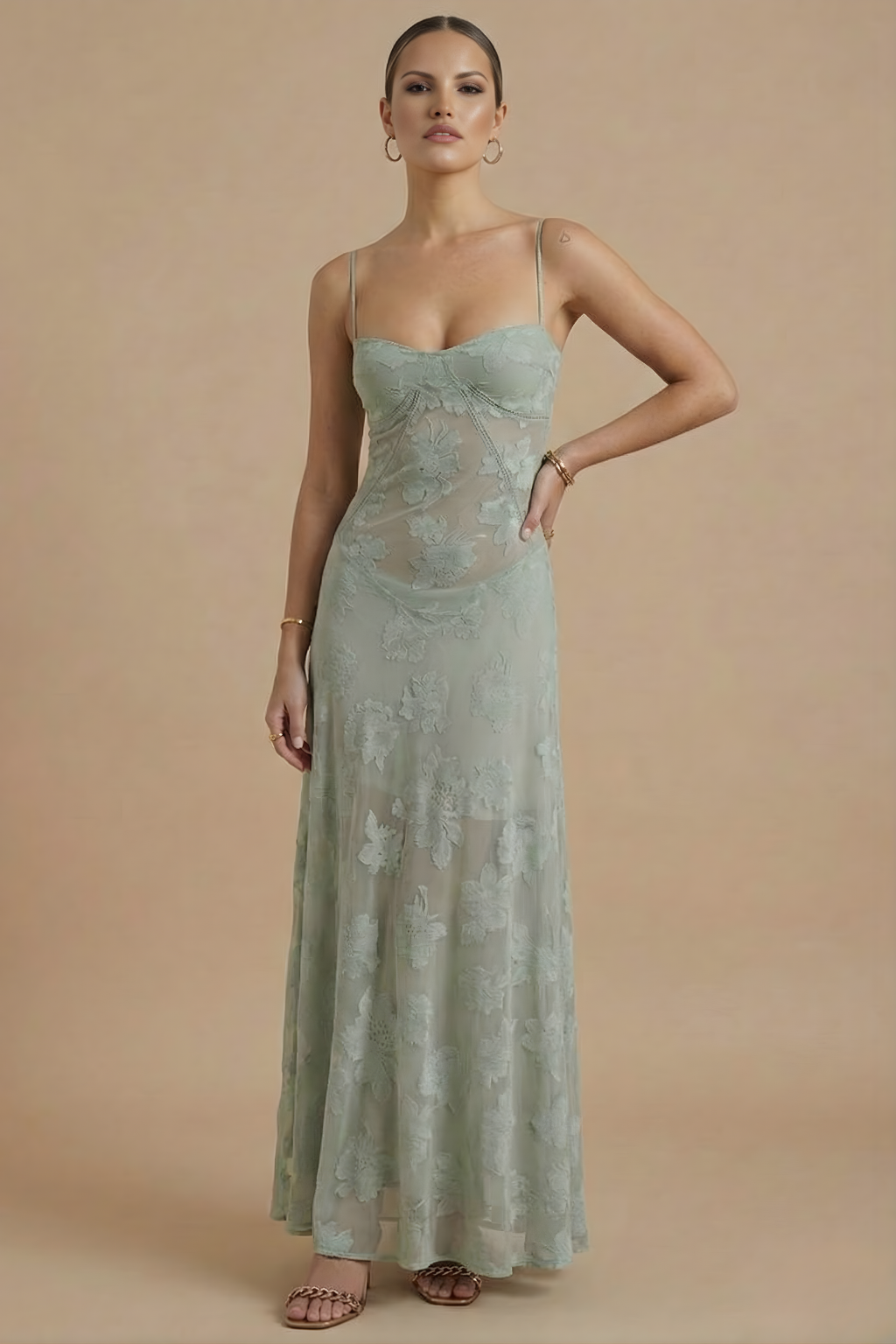 Floral Lace Overlay Maxi Dress Spaghetti Strap Sweetheart Neck Wedding Guest Gown