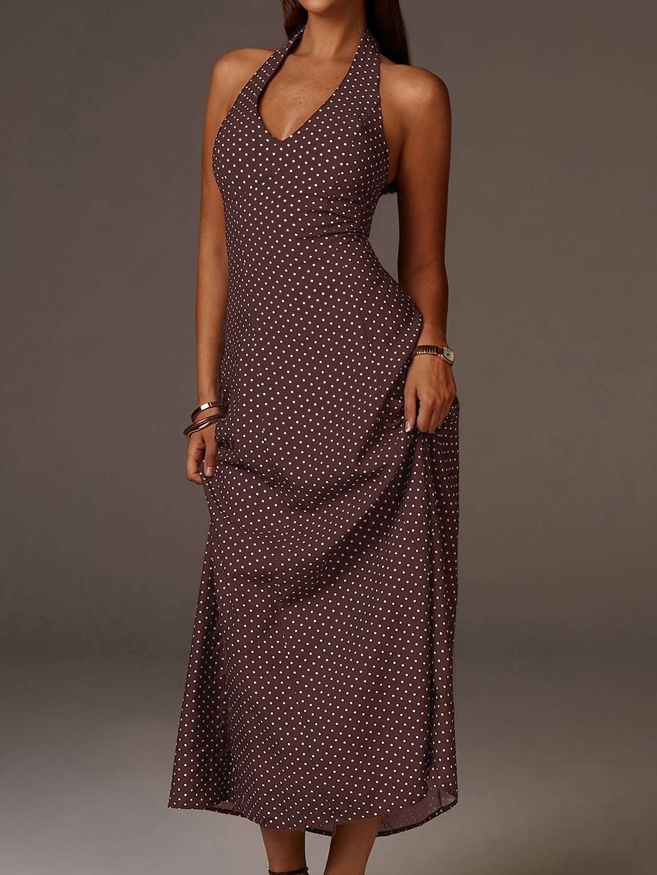 Halter Neck Polka Dot Maxi Dress Deep V Smocked Bodice Sleeveless Holiday Apparel