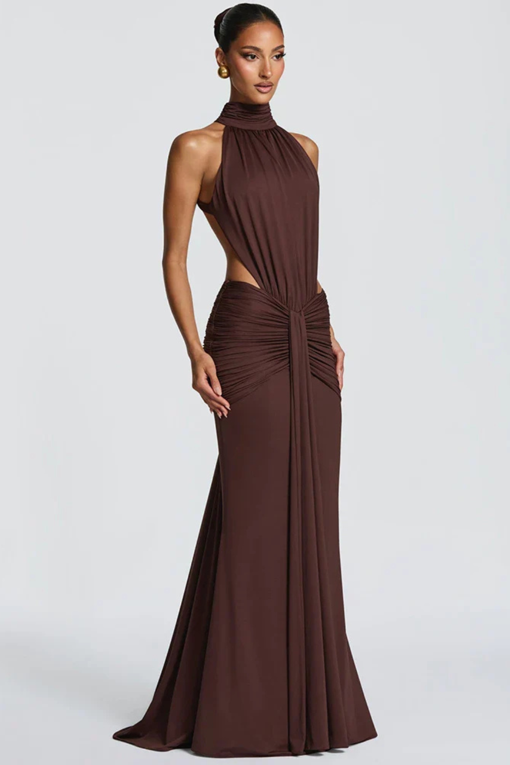 Halter Neck Backless Ruched Maxi Dress Bodycon Wedding Guest Gown with Side Cut-Outs