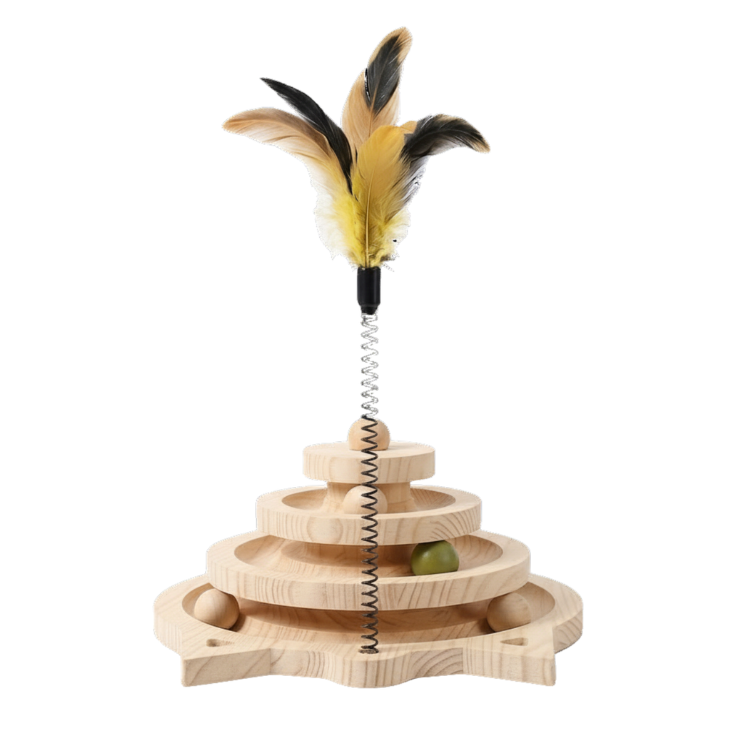 Wooden Cat Toy Tower with Interactive Track Balls and Feather Wand Attachment