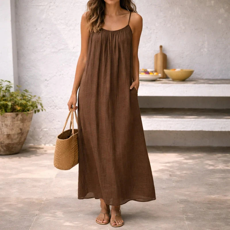 Linen Cotton Maxi Dress Adjustable Spaghetti Strap Open Back Sleeveless Casual Sundress