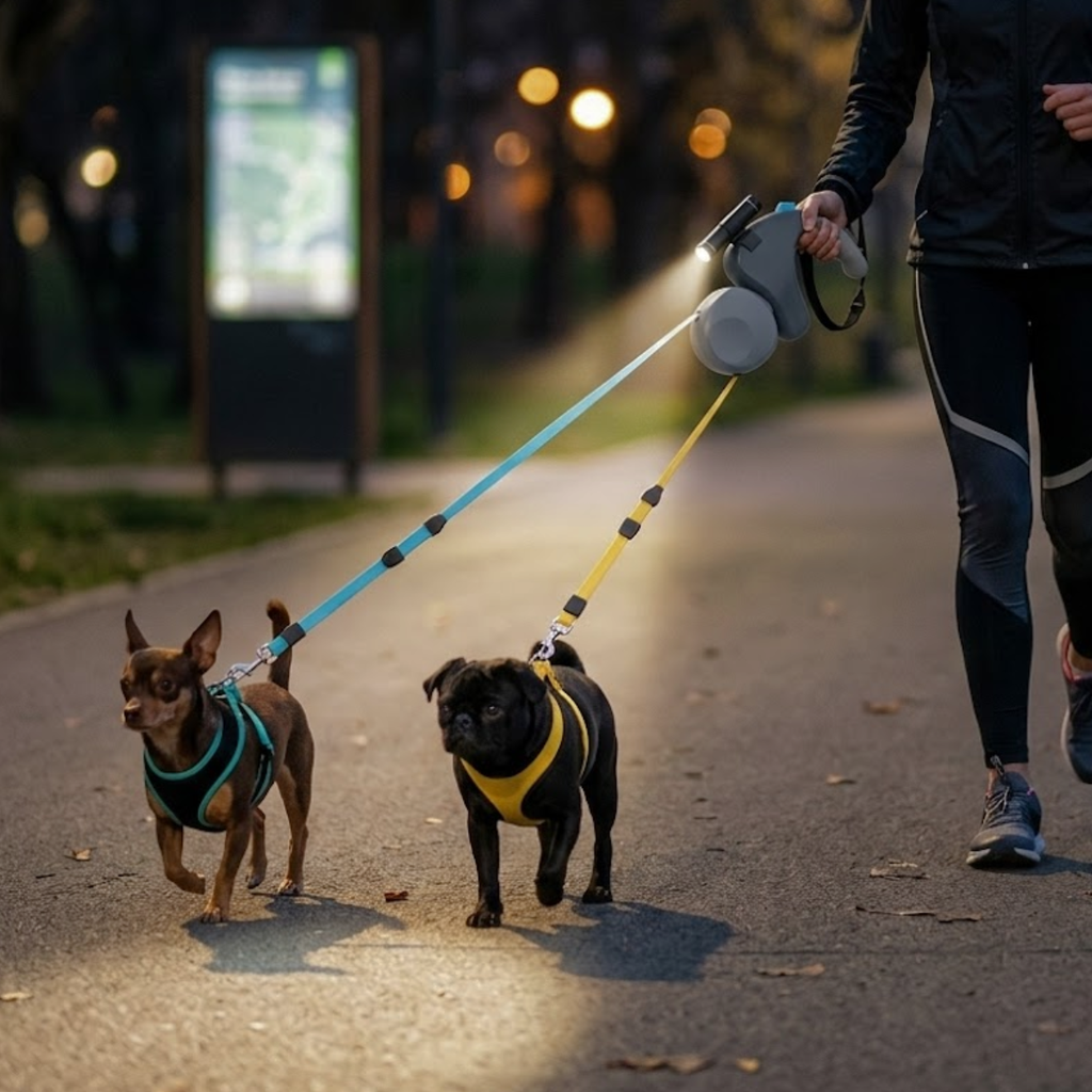 Retractable Double Dog Leash with 360 Degree Rotation and Integrated LED Flashlight
