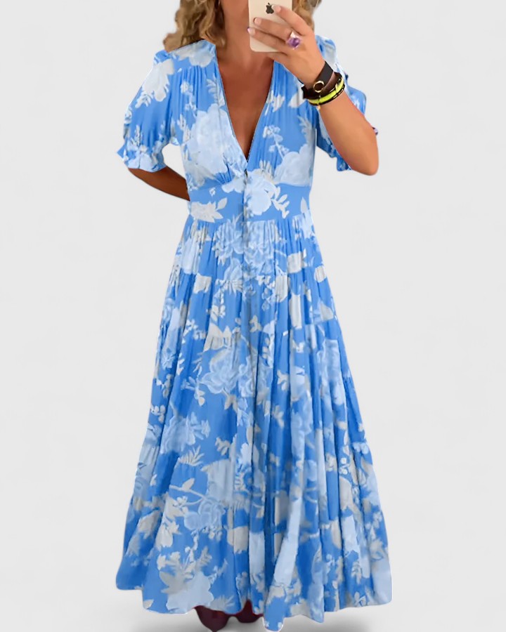 Women's summer dress - short sleeve cut with a deep V-neck