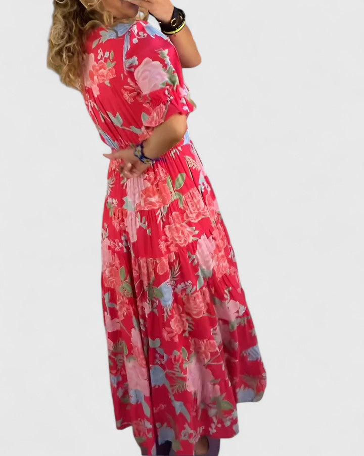 Women's summer dress - short sleeve cut with a deep V-neck