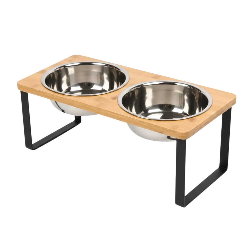 Elevated Dog Bowl Wooden Stand with Double Stainless Steel Bowls for Small Pets