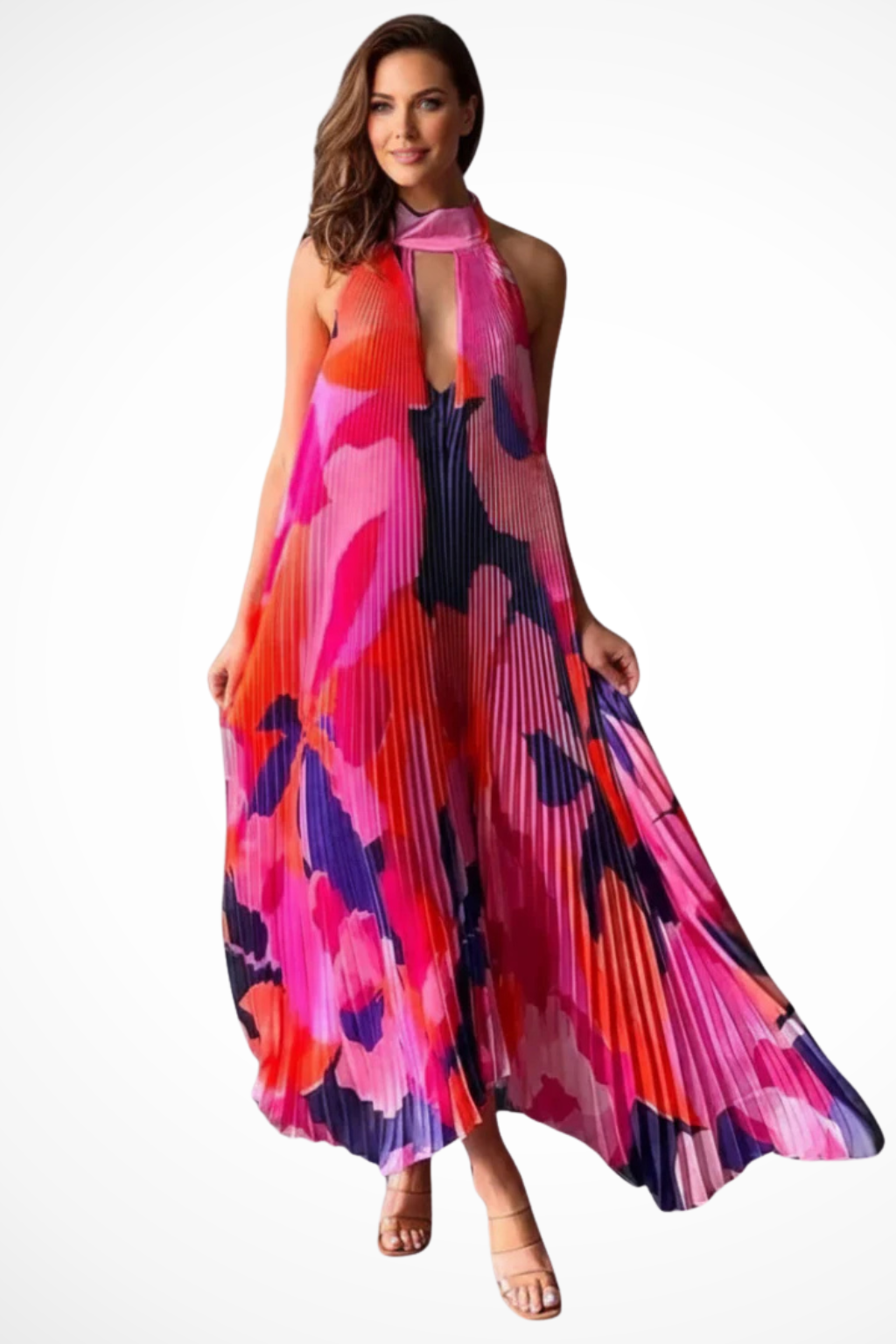 Printed Pleated Halter Neck Maxi Dress with Front Keyhole Detail Evening Gown