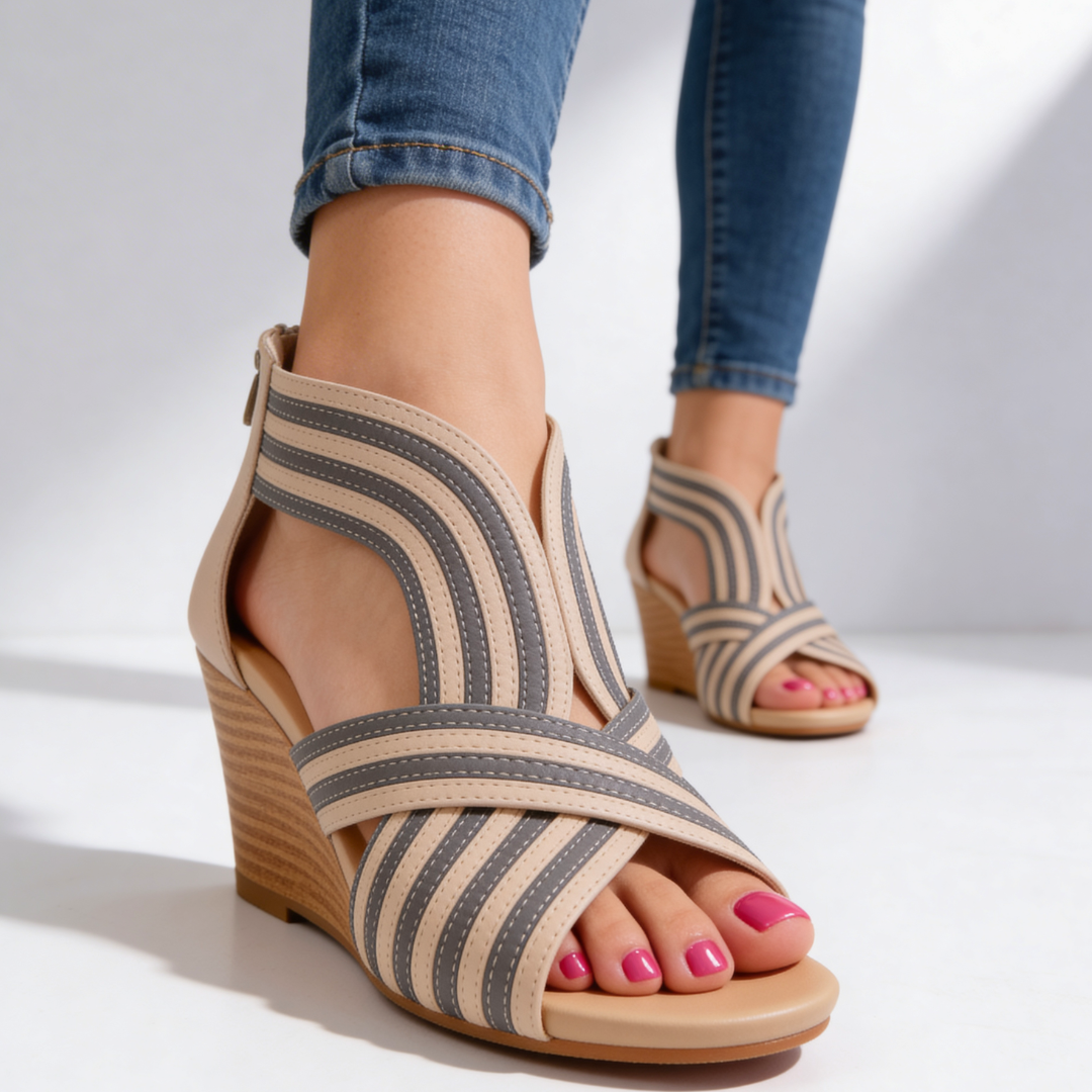 Women's Wedge Sandals Leather Criss Cross Striped Peep Toe Cushioned Walking Shoes