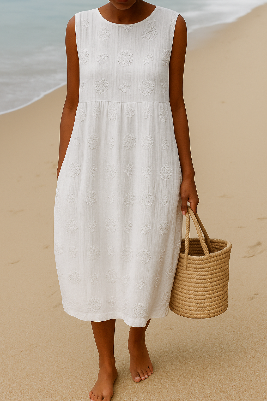 Woven Embroidered Sleeveless Midi Dress