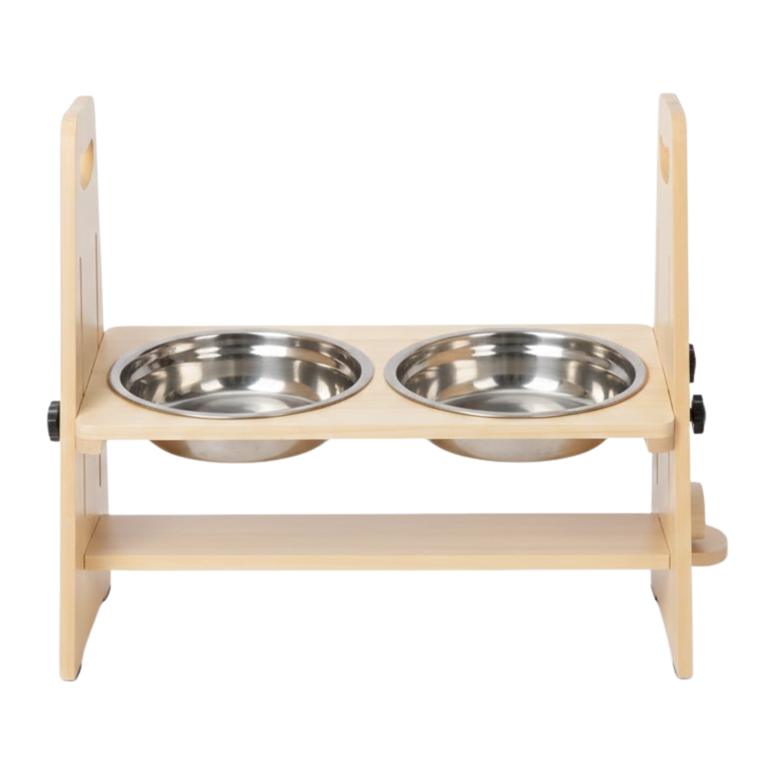 Adjustable Elevated Dog Feeder Pine Wood Stand with Stainless Steel Bowls