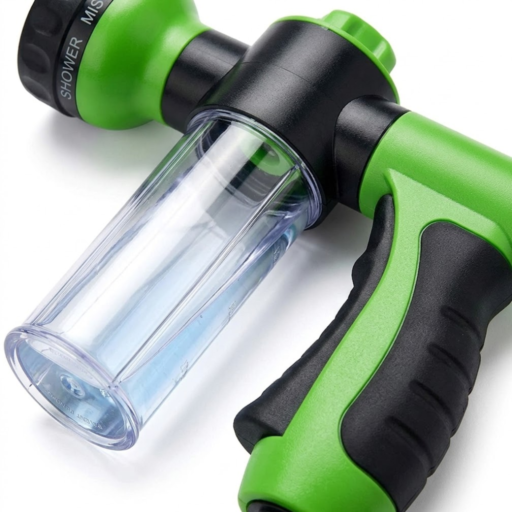 Pet Shower Sprayer Nozzle with Foam Soap Dispenser for Adjustable Dog Bath Cleaning
