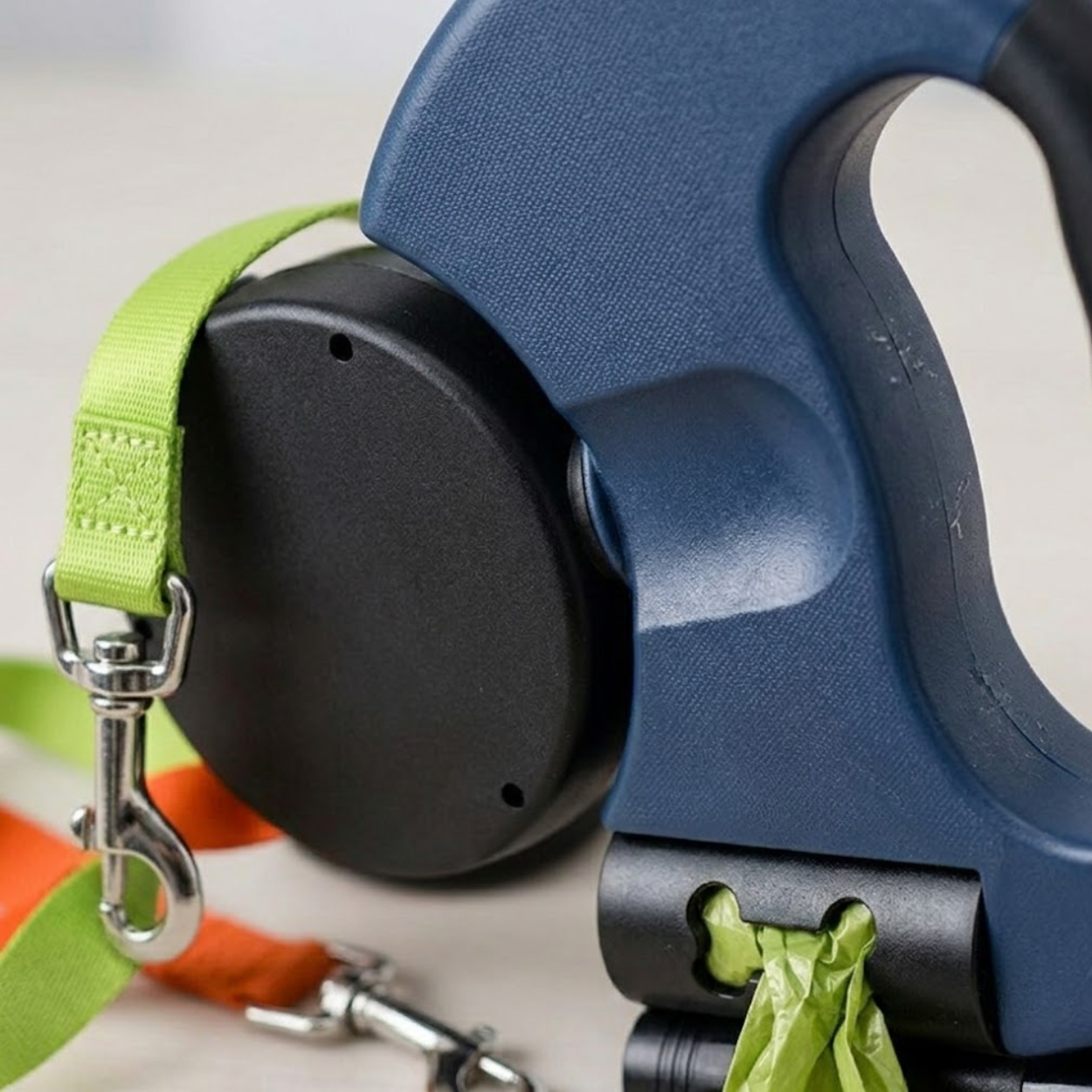 Retractable Double Dog Leash with LED Flashlight and Integrated Waste Bag Dispenser