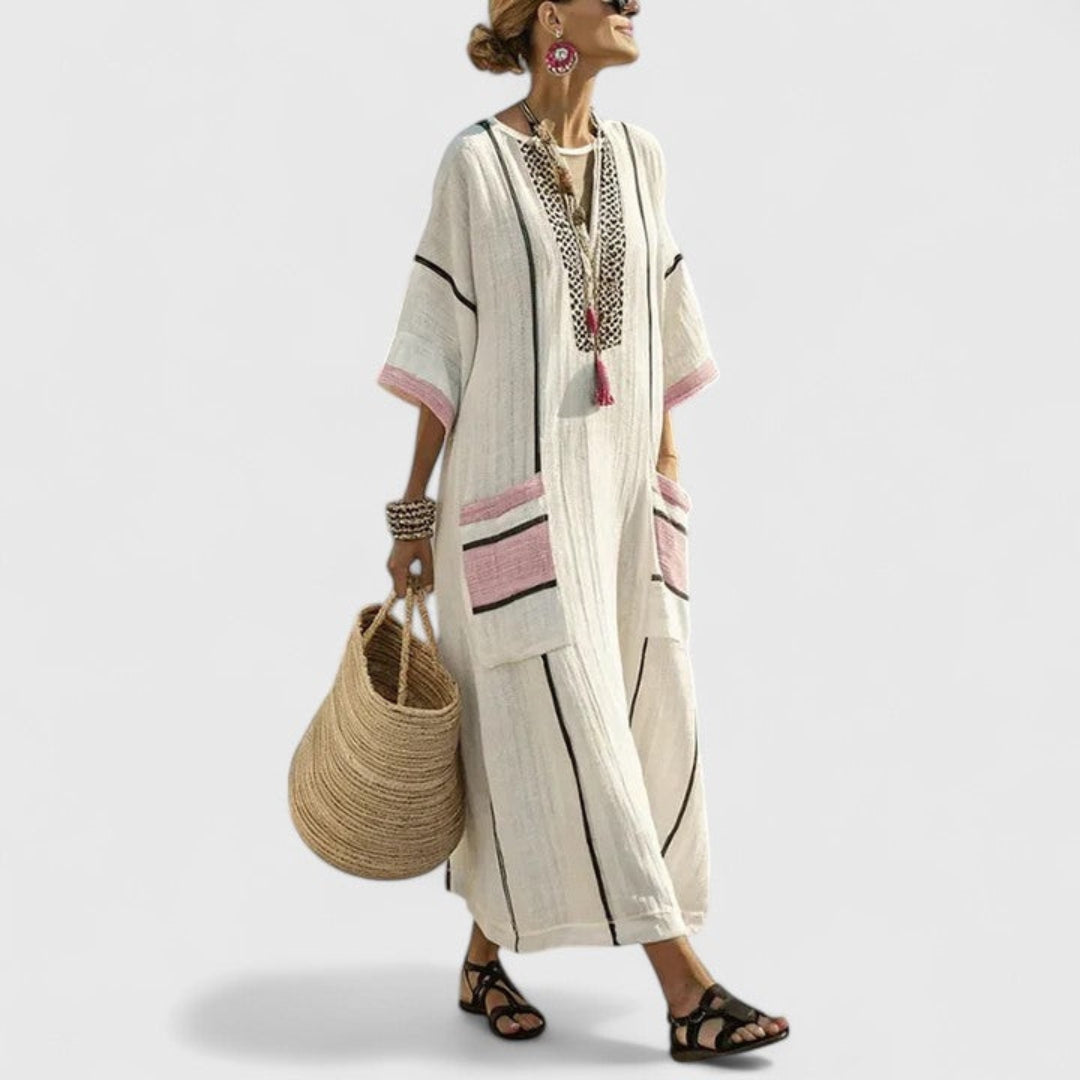 Boho Maxi Dress with Pockets V-Neck Striped Kaftan Loose Fit Beach Vacation Apparel