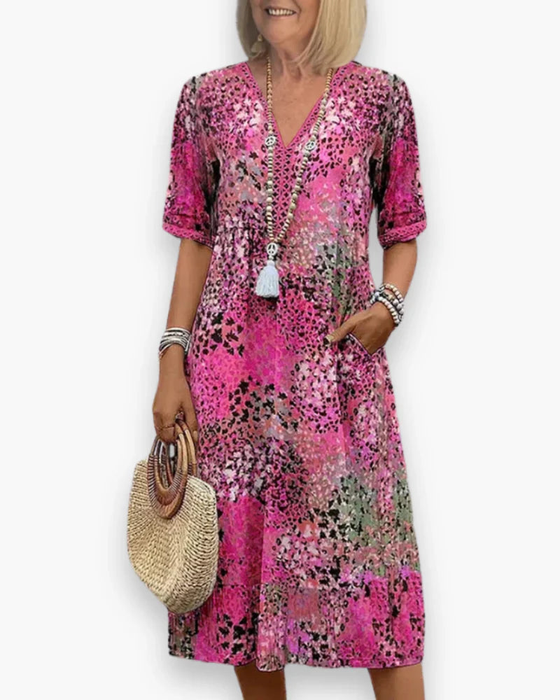 Floral Midi Dress with V-Neck and Half Sleeves for Women