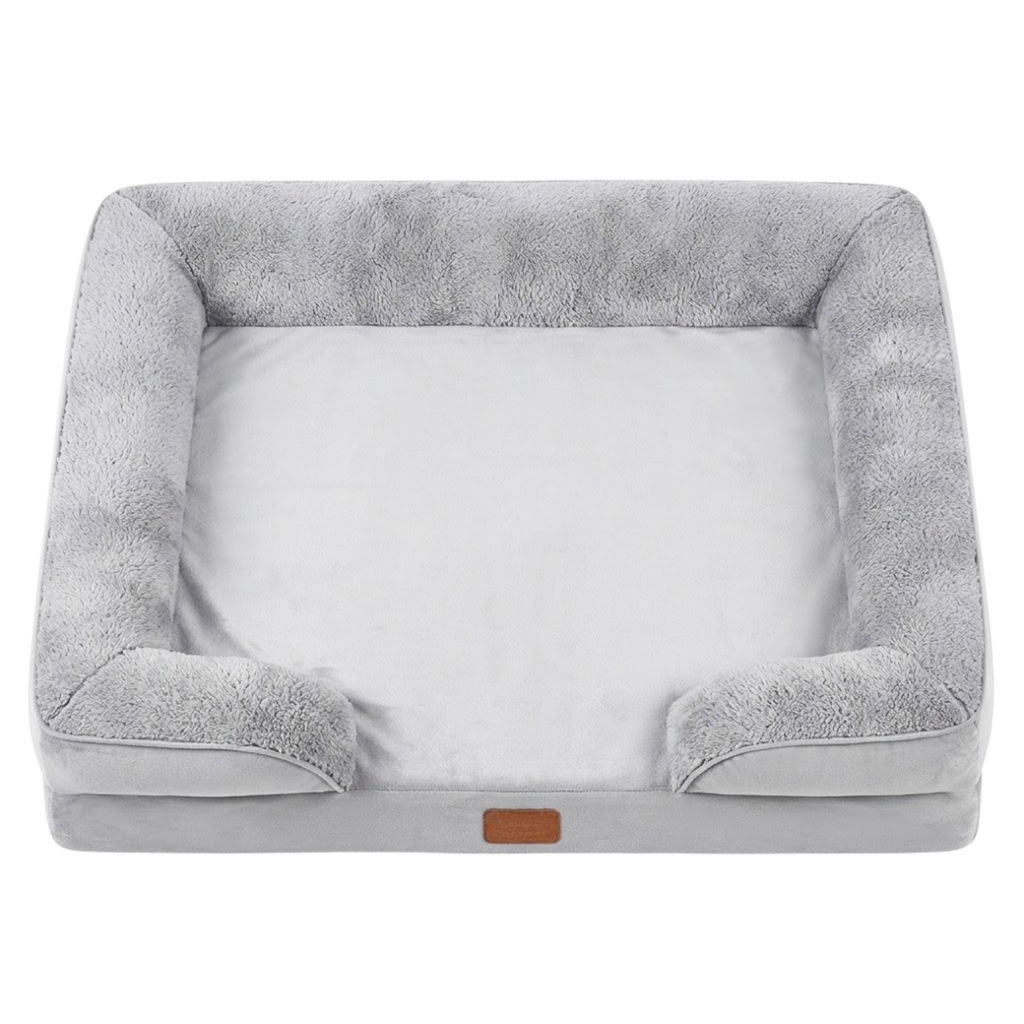 Memory Sponge Dog Bed with Removable Plush Cover and C-Type Armrest Pet Sofa Mat