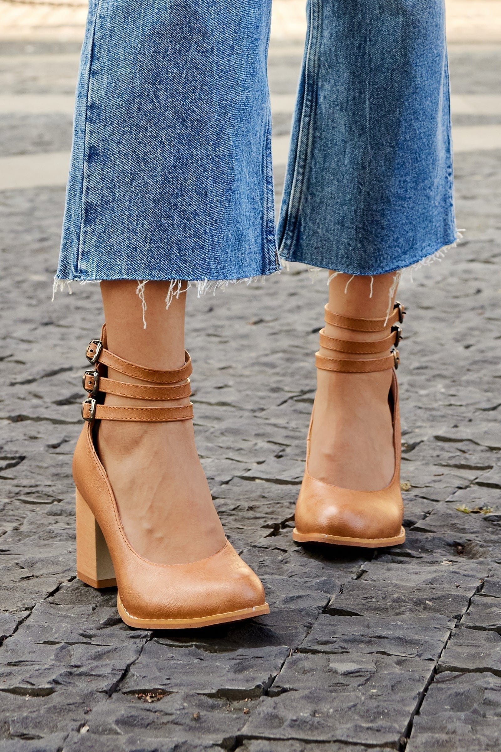 Women’s triple strap block heels — synthetic leather office footwear