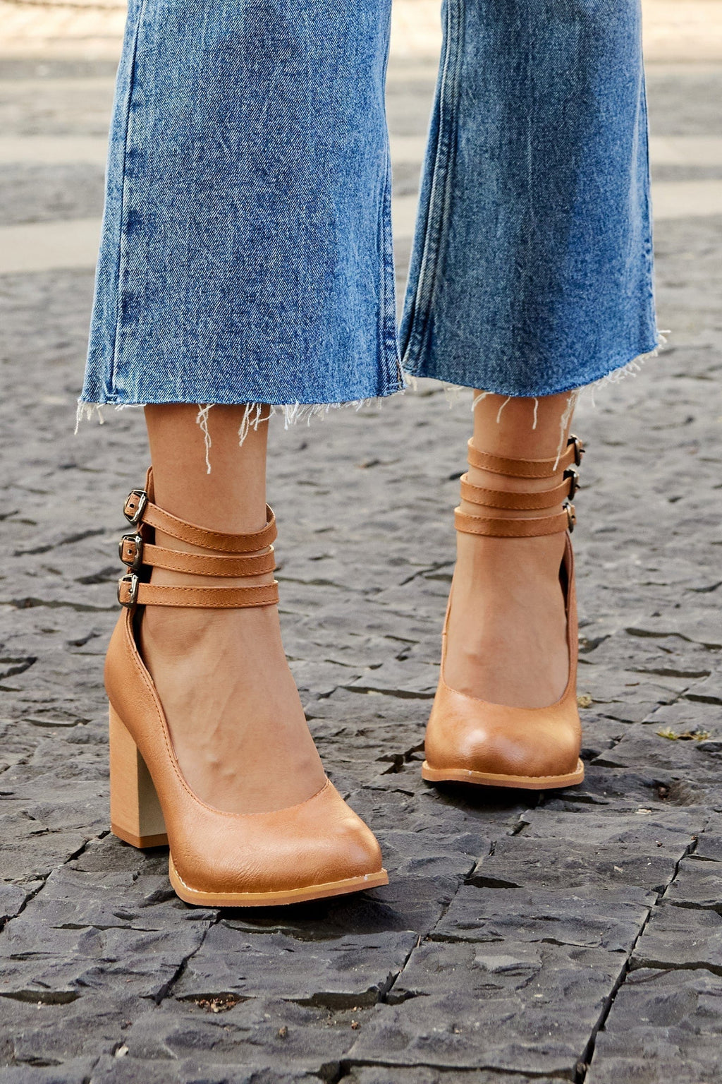 Triple Buckle Ankle Strap Block Heels