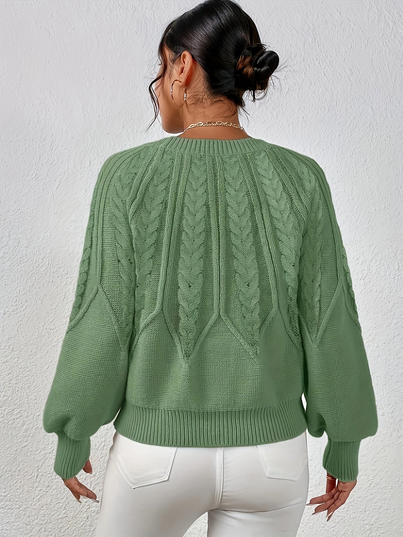 Women's Cable Knit Sweater with Relaxed Fit and Lantern Sleeves for Everyday Wear