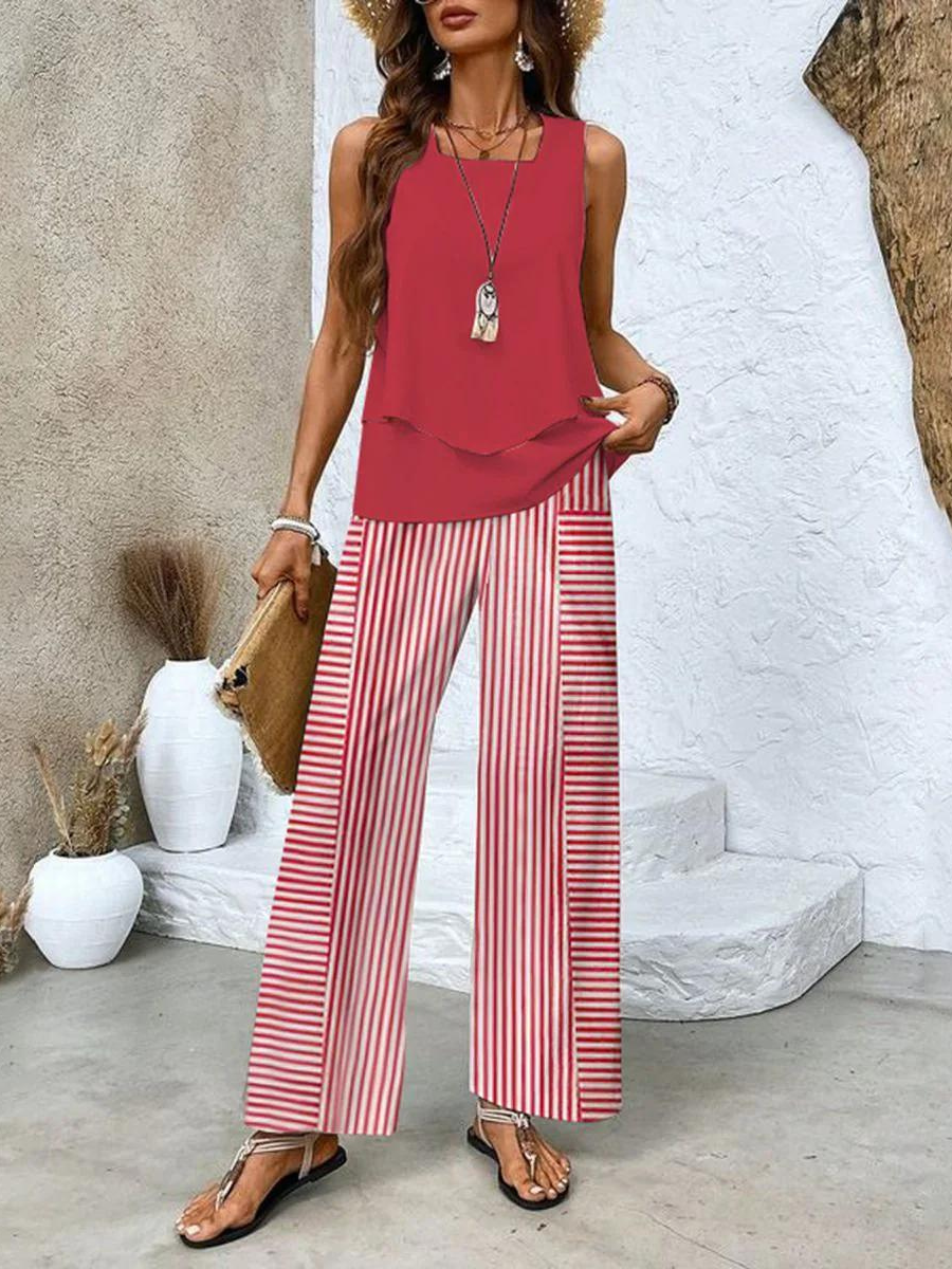 Women's matching set - sleeveless top wide leg trousers resort holiday