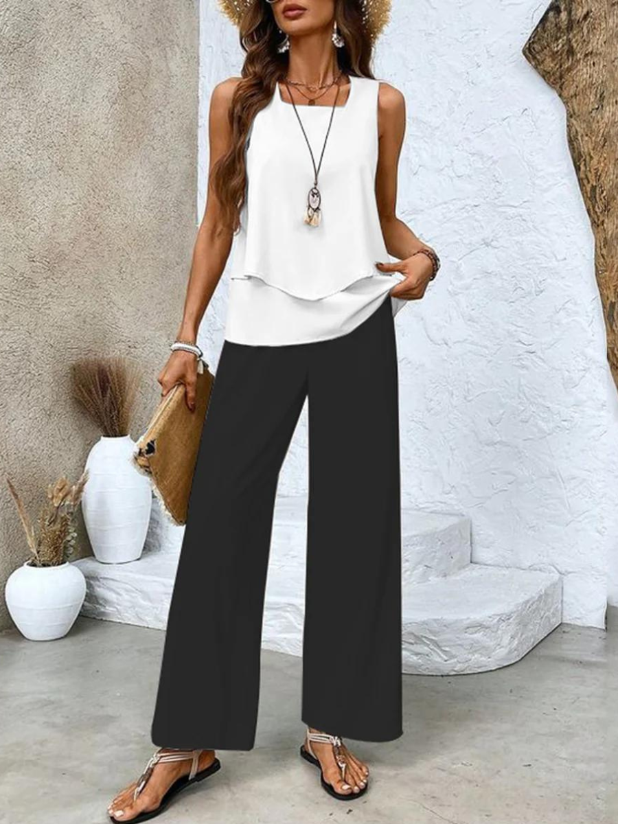 Women's matching set - sleeveless top wide leg trousers resort holiday