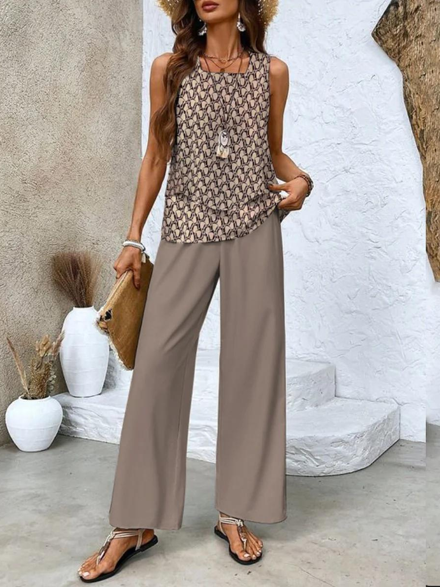 Women's matching set - sleeveless top wide leg trousers resort holiday
