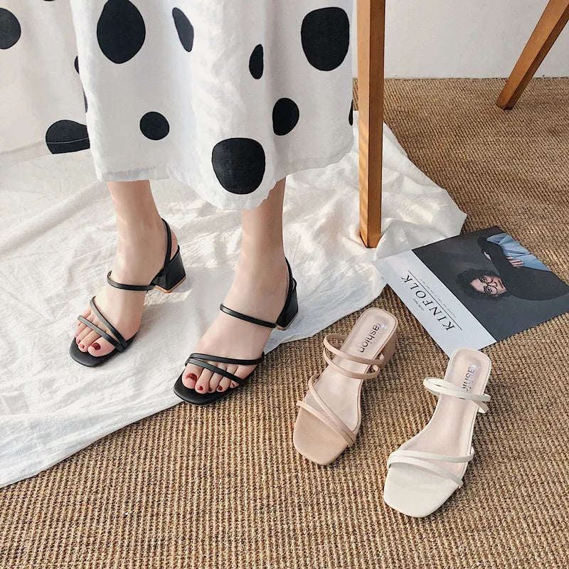 Women's Block Heel Sandals Strappy Square Toe Elegant Slip On Formal Shoes
