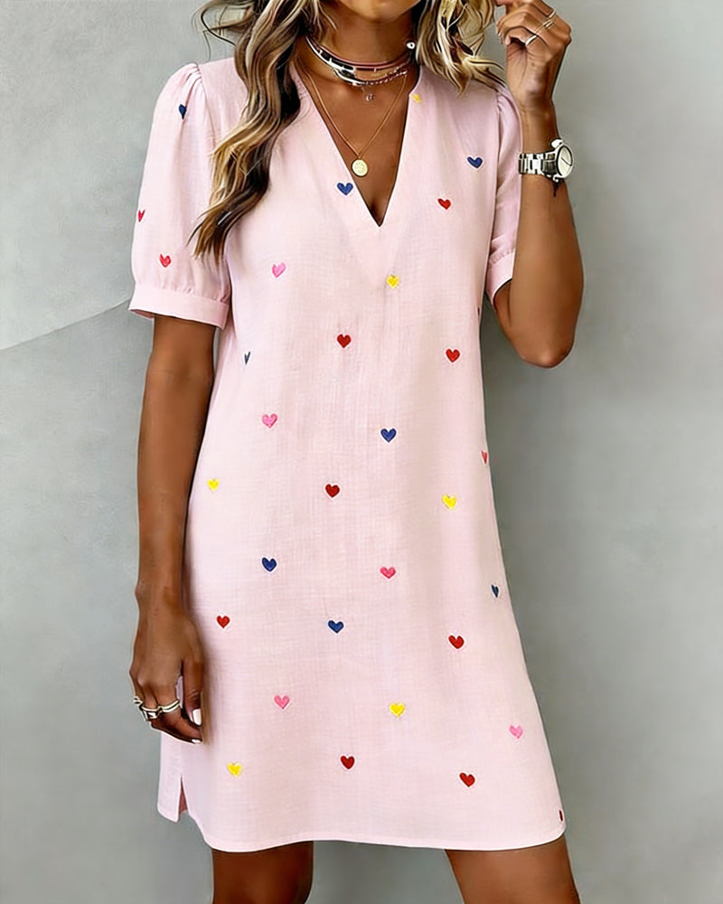 Women's Linen Dress Heart Print Casual