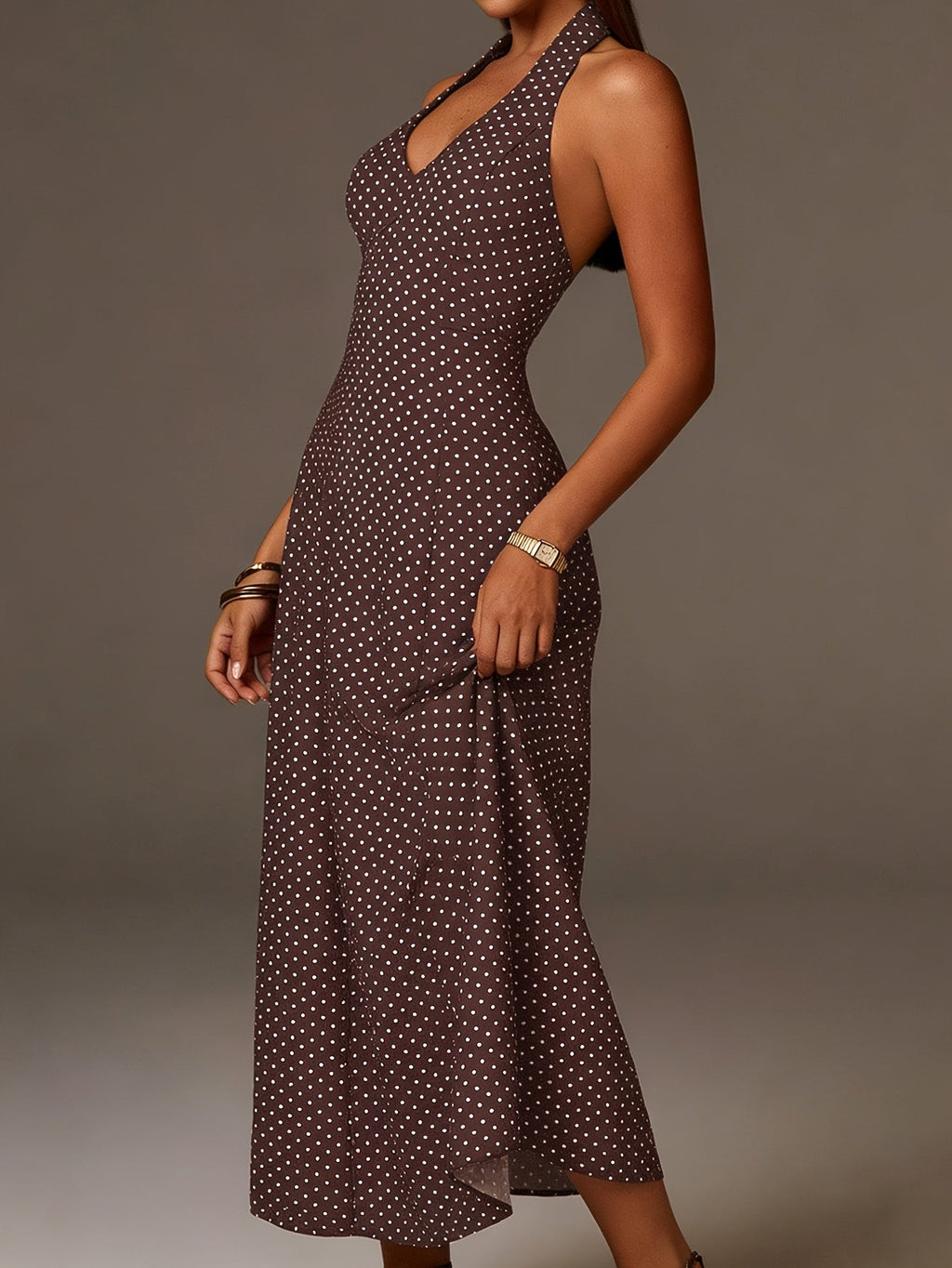 Halter Neck Polka Dot Maxi Dress Deep V Smocked Bodice Sleeveless Holiday Apparel