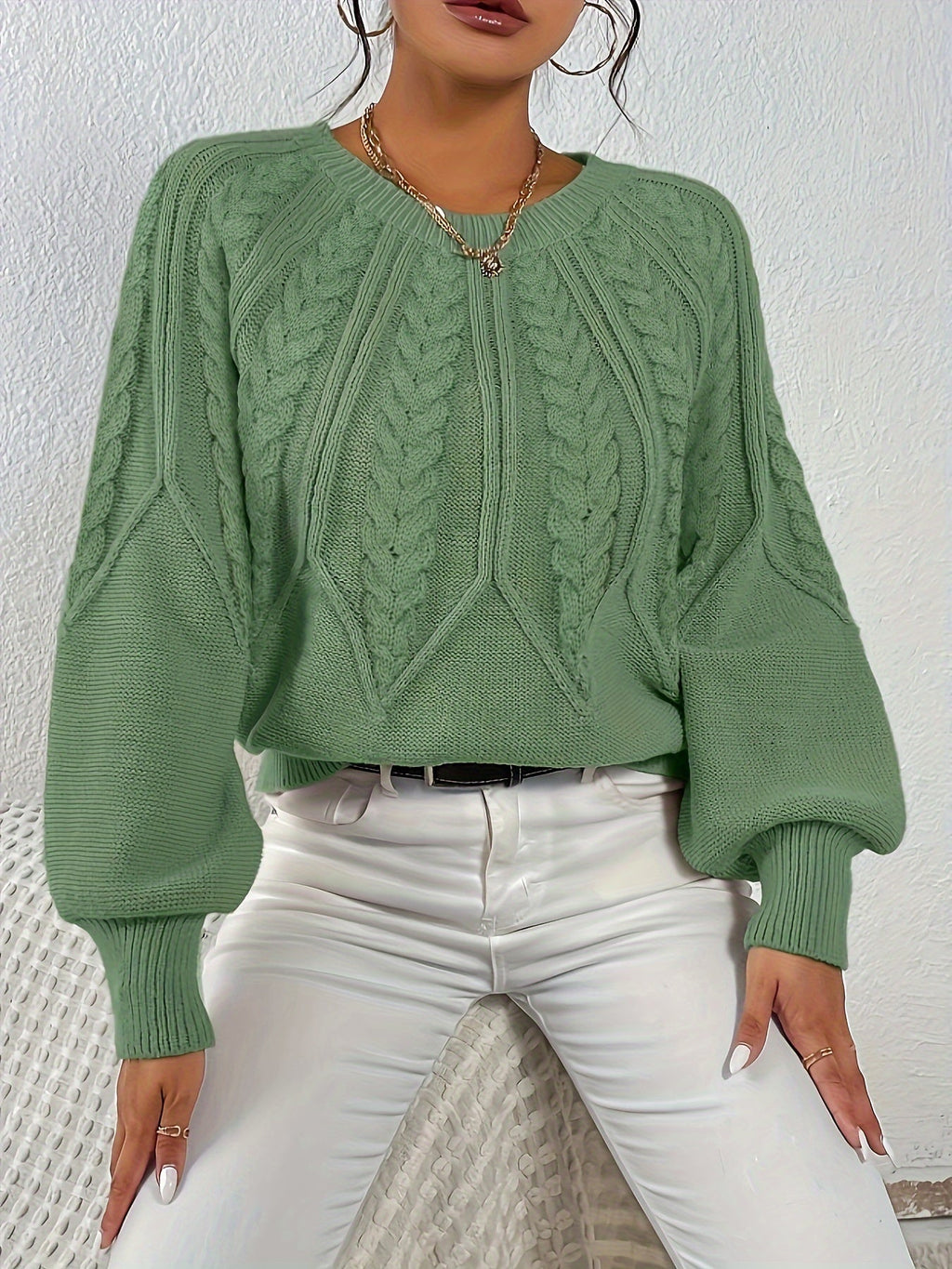 Women's Cable Knit Sweater with Relaxed Fit and Lantern Sleeves for Everyday Wear