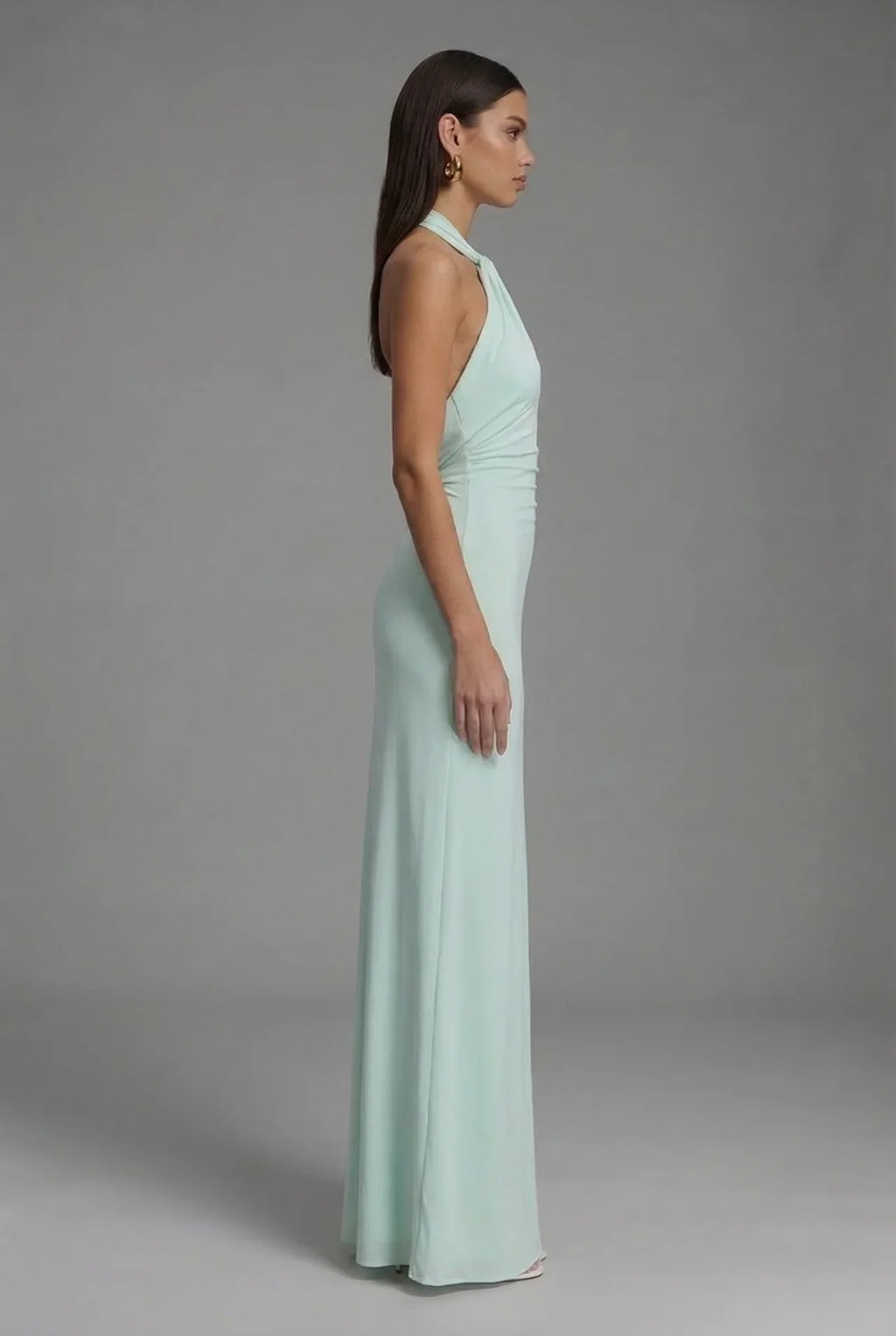 Open Back Halter Maxi Gown in Smooth Satin with Ruched Detailing