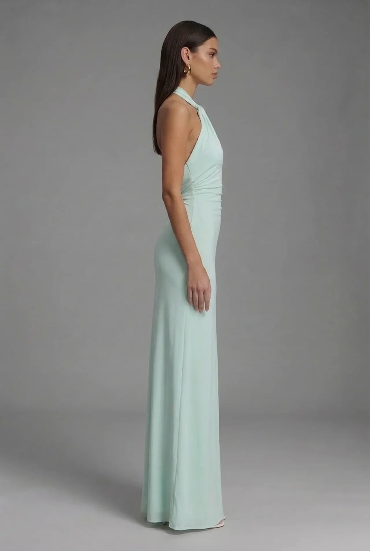 Open Back Halter Maxi Gown in Smooth Satin with Ruched Detailing