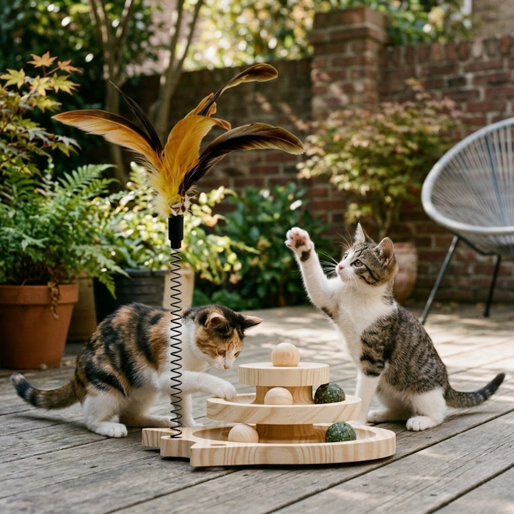 Wooden Cat Toy Tower with Interactive Track Balls and Feather Wand Attachment