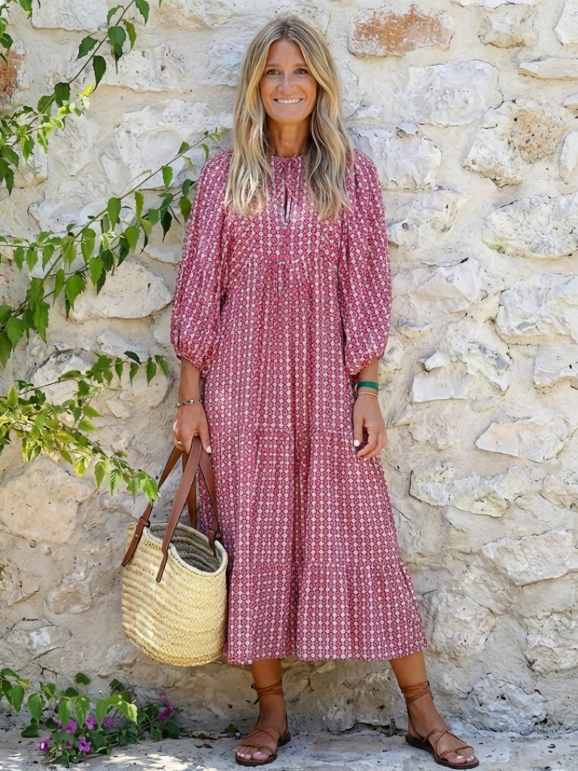 Geometric Print Long Sleeve Maxi Dress
