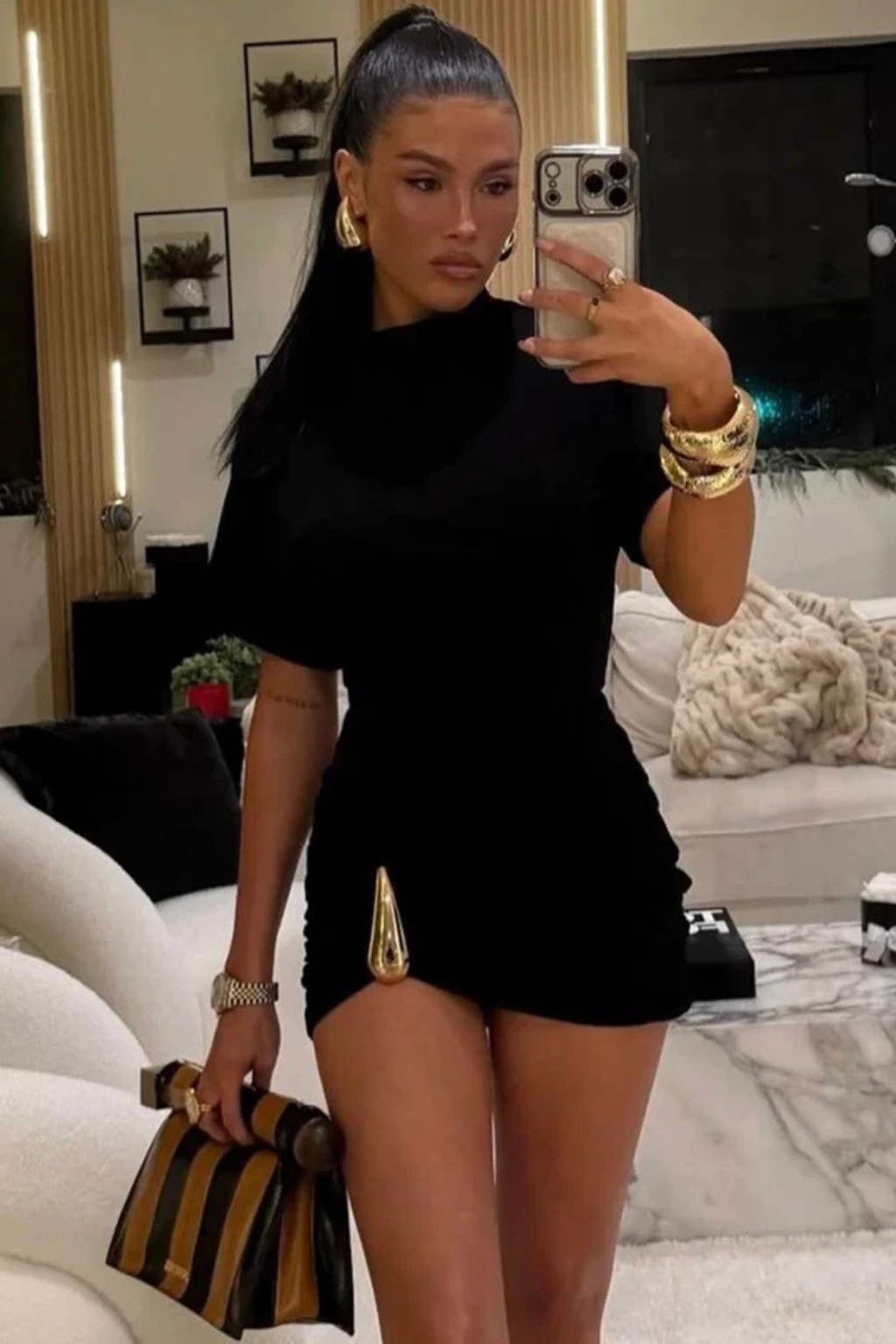 Bodycon Mini Dress Short Sleeve High Neck Ruched Wedding Guest Evening Dress