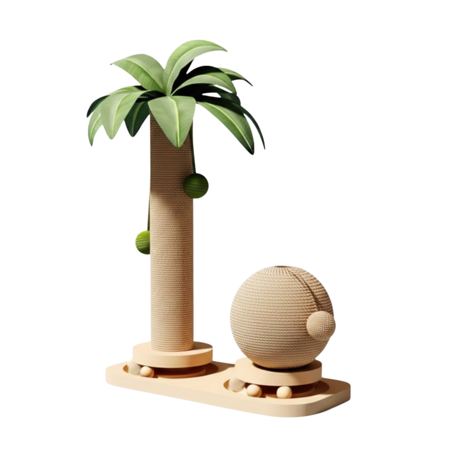 Coconut Tree Cat Scratching Post with Sisal Rope Solid Wood Base and Hanging Balls