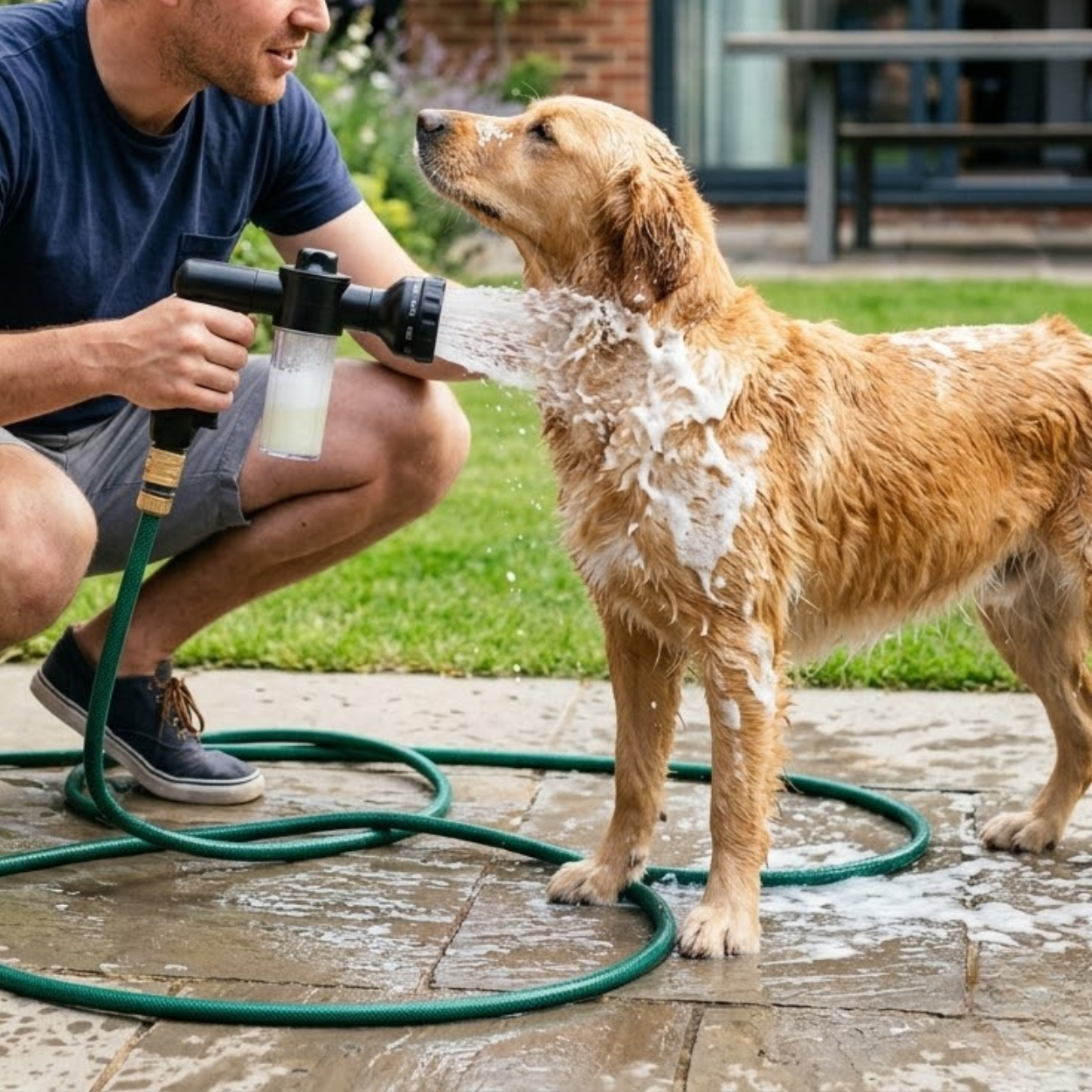 Pet Shower Sprayer Nozzle with Foam Soap Dispenser for Adjustable Dog Bath Cleaning