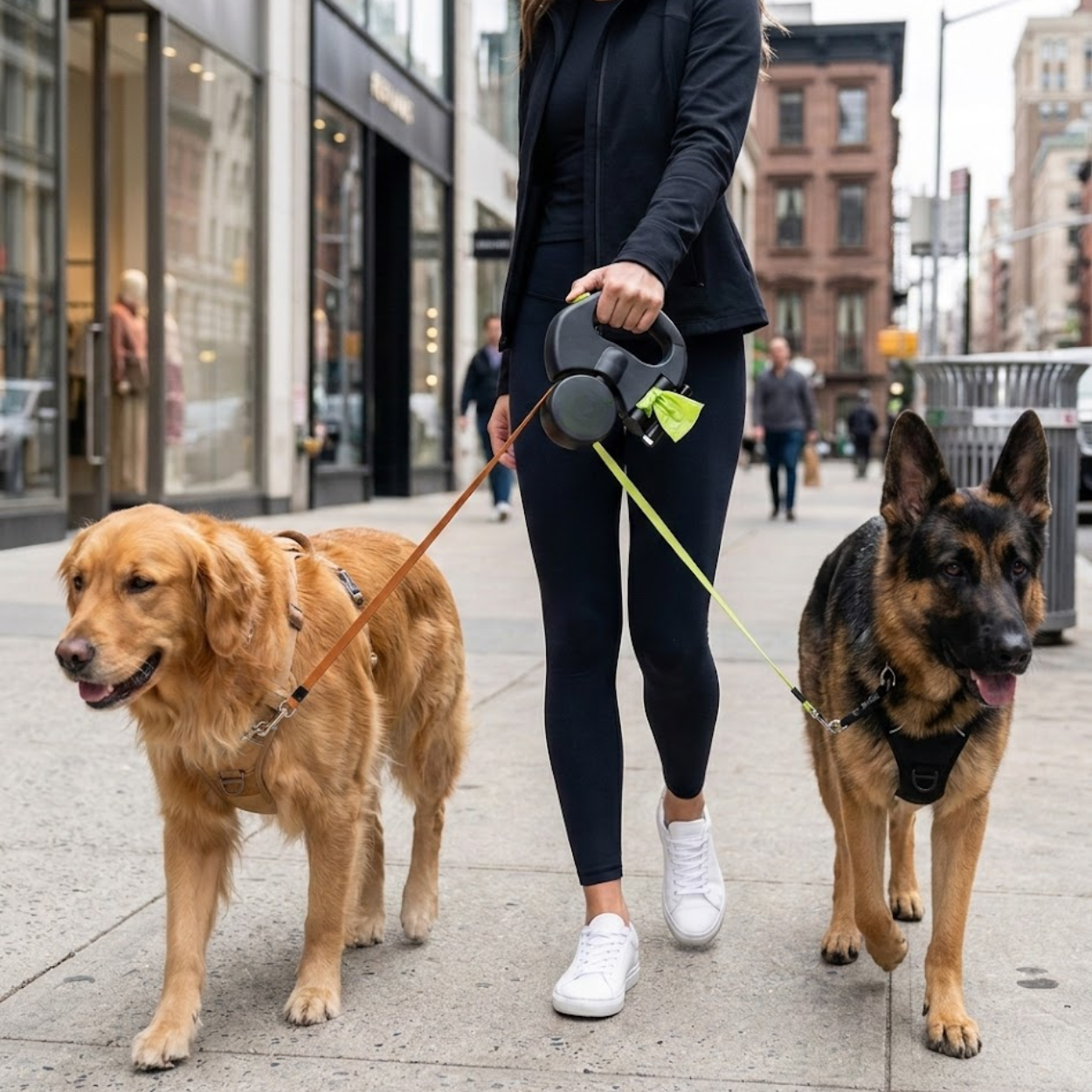 Retractable Double Dog Leash with LED Flashlight and Integrated Waste Bag Dispenser