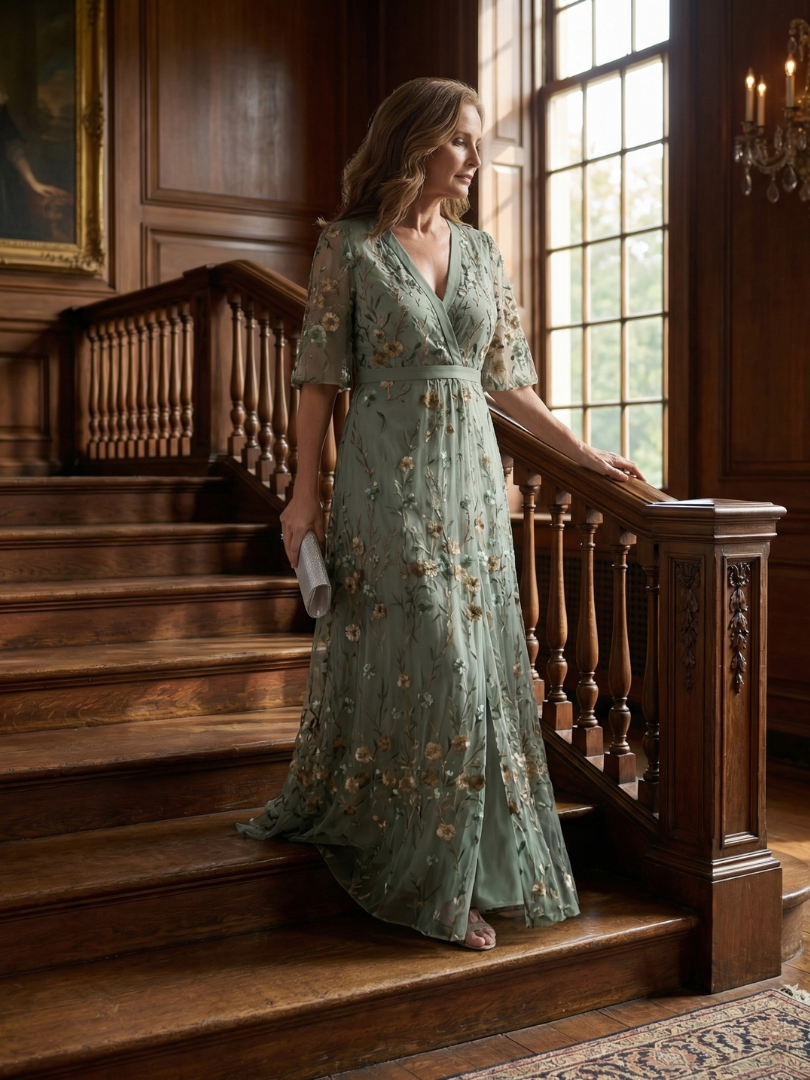 Floral Embroidered V-Neck Maxi Dress