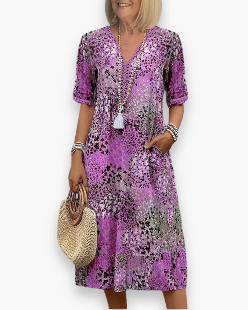 Floral Midi Dress with V-Neck and Half Sleeves for Women