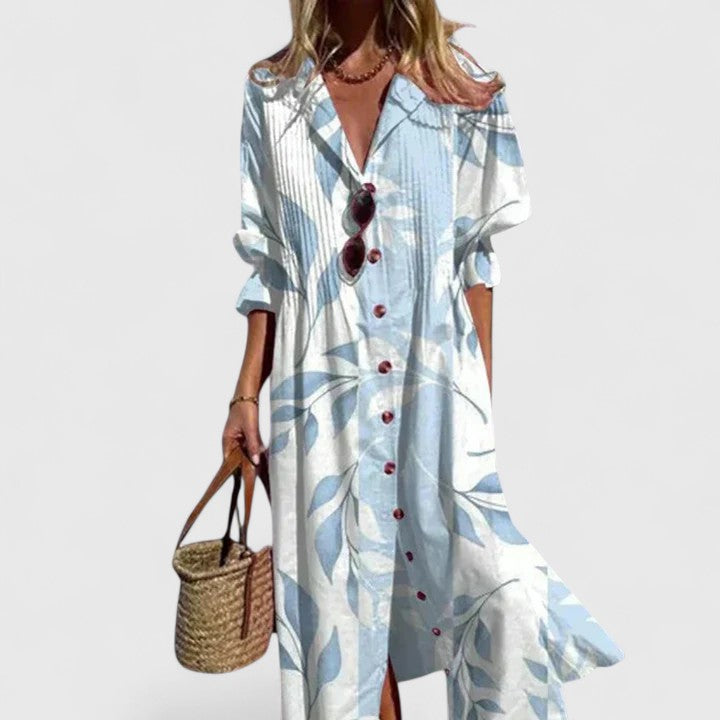 Women's floral print shirtdress — pintuck pleated collared midi dress