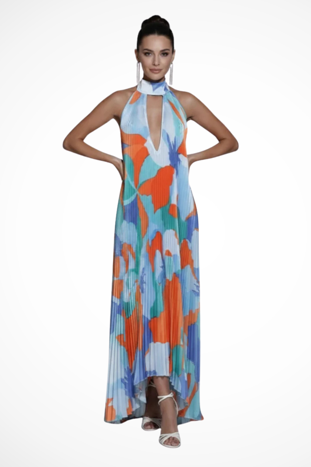 Printed Pleated Halter Neck Maxi Dress with Front Keyhole Detail Evening Gown