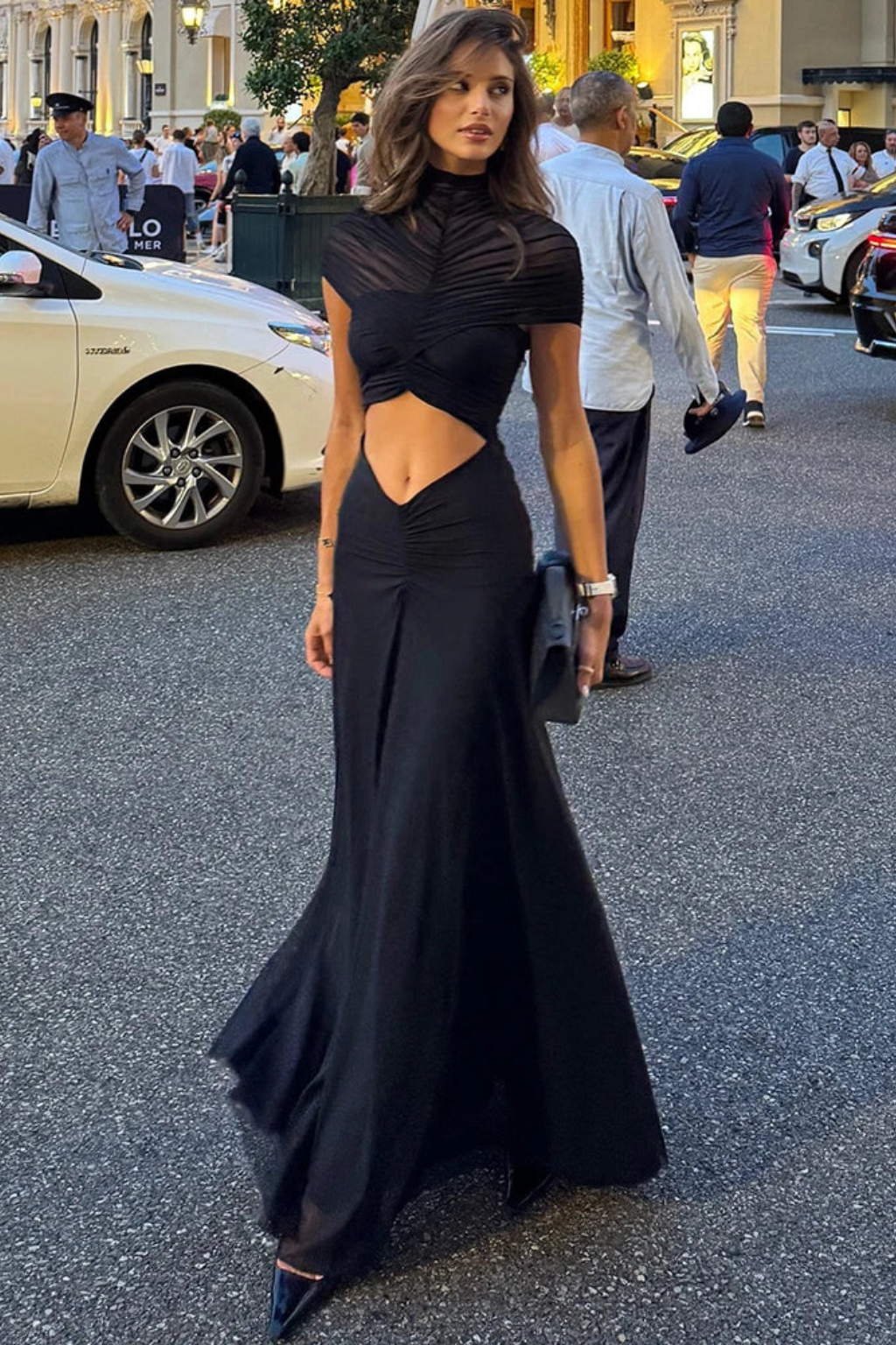 Short Sleeve High Neck Maxi Dress with Front Cut-Out and Ruched Waist Detail