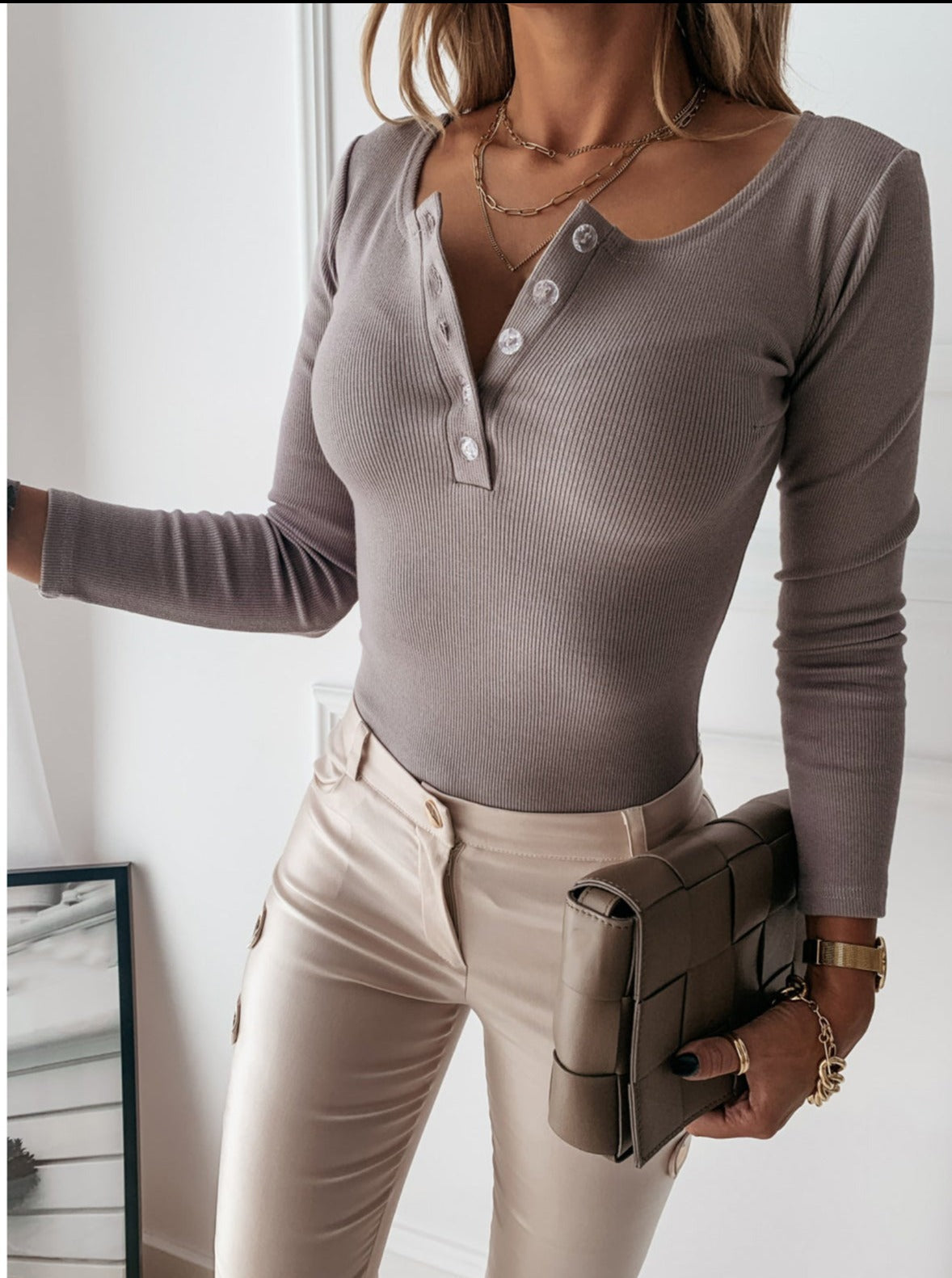 Women's Long Sleeve Top Polyester Blend Button Front Ribbed Stretch Casual Workwear