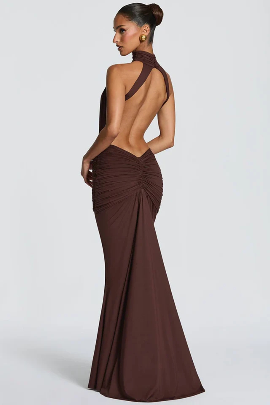 Women's Ruched Maxi Dress Backless Cut Out High Neck Sleeveless Formal Evening Dress