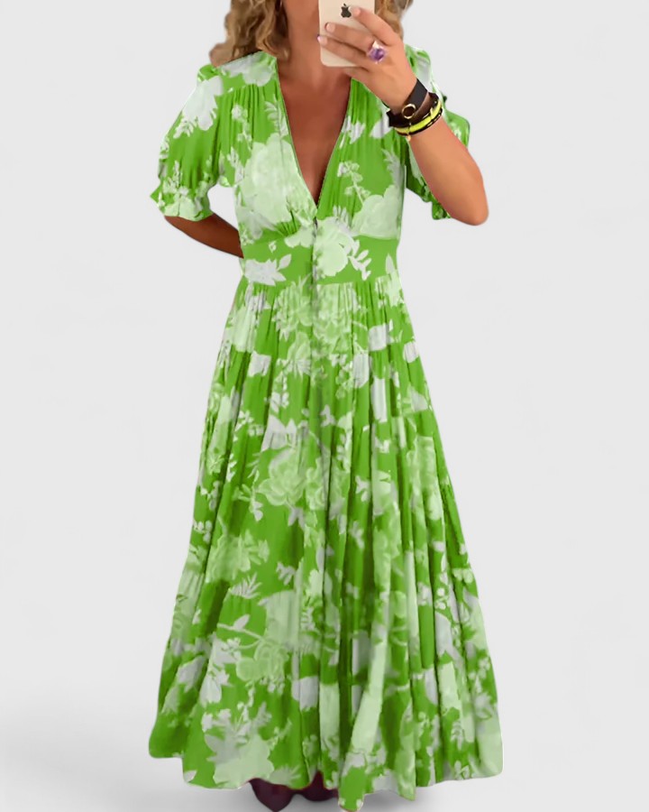 Women's summer dress - short sleeve cut with a deep V-neck
