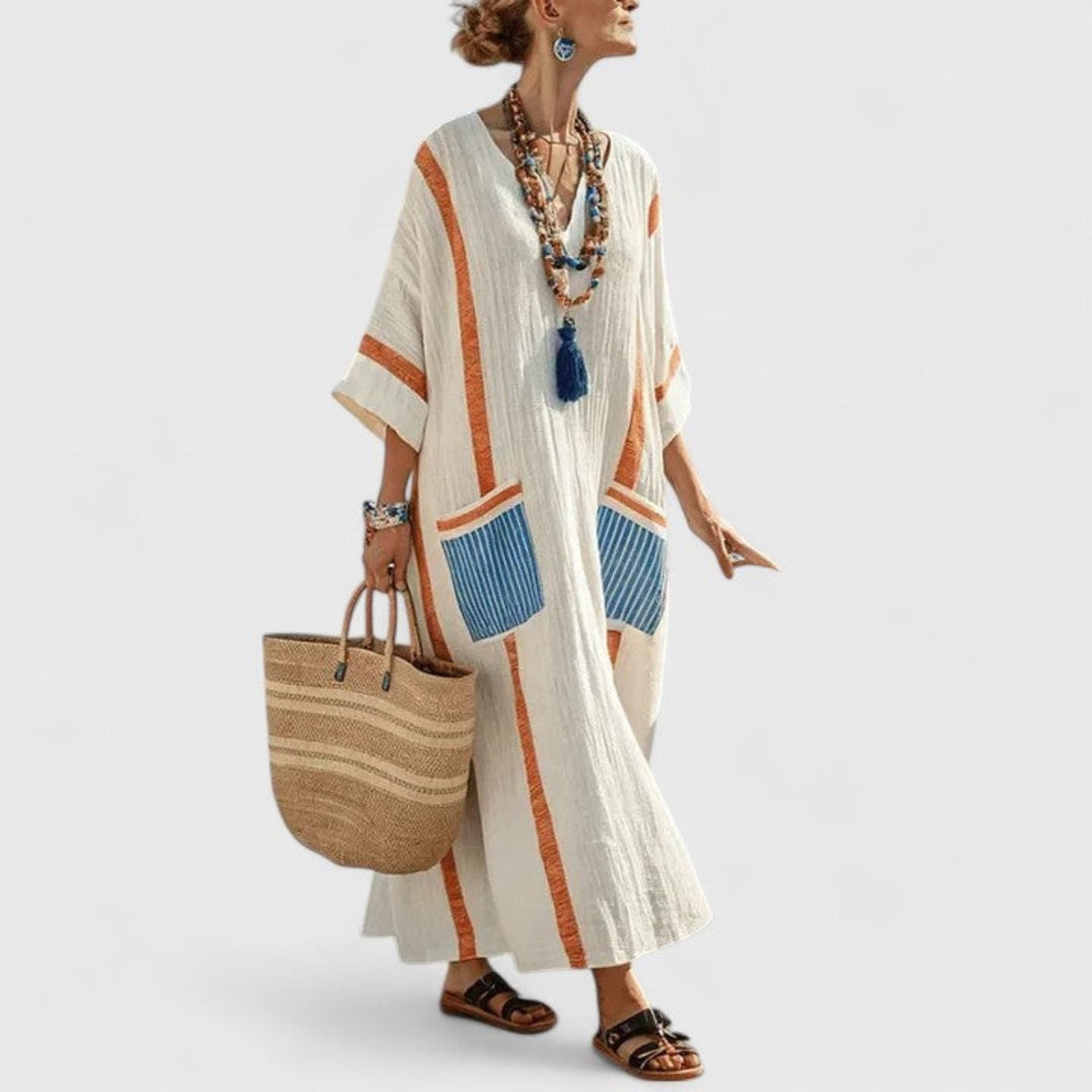 Boho Maxi Dress with Pockets V-Neck Striped Kaftan Loose Fit Beach Vacation Apparel